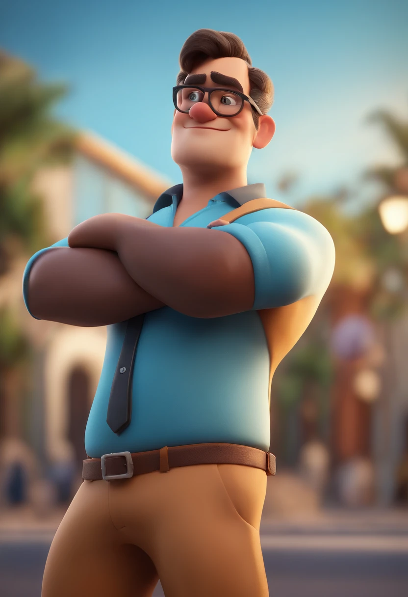 Cartoon character of a man wearing black glasses and a blue shirt, um personagem animado, Caractere estilizado, animation style rendering, 3D estilizado, Arnold Maya render, 3 d render stylized, toon render keyshot, Personagem 3D, Personagem 3D, 3d rendering stylized, 3 d character render, personagem de desenho animado, Personagem de close up, Pose de personagem, (Estilo Pixar) (master part:1.2) (Bokeh) (best quality) (pele detalhada) (textura detalhada) (8k) (argila) (Cinematic lighting) (foco nítido,Senta e vaza a parte superior do corpo