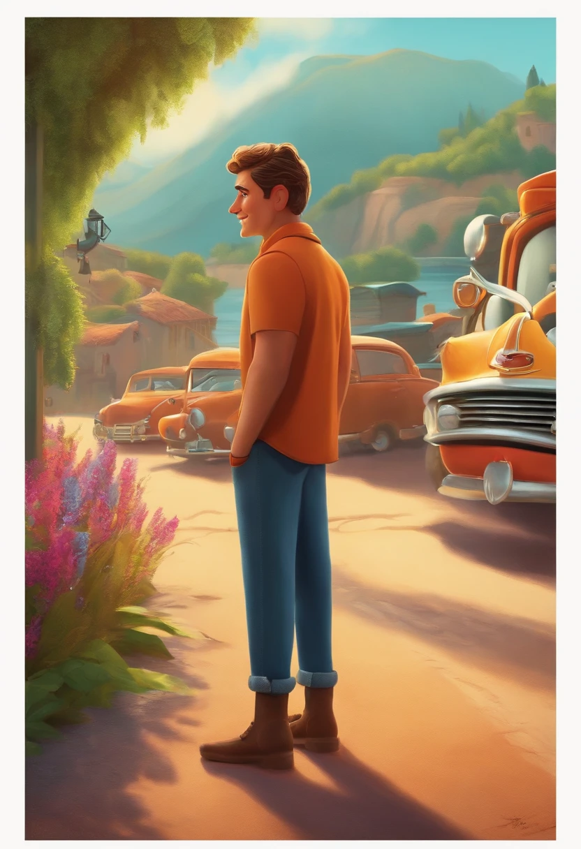 A driver looking at a dream project inspired by Pixar animation, de perto. The character takes center stage with captivating facial expressions, oferecendo um toque de irrealidade