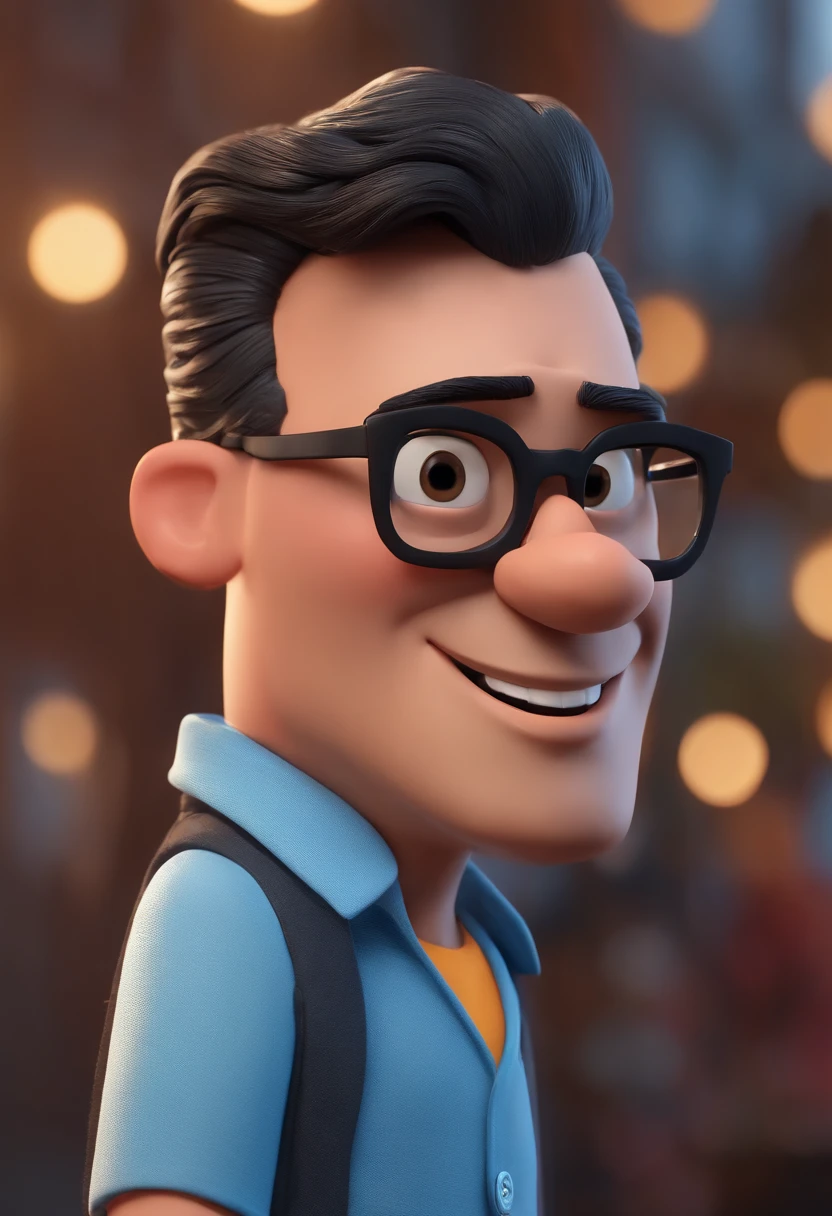 Cartoon character of a man with black glasses and a blue shirt, animation character, Caractere estilizado, animation style rendering, 3D estilizado, Arnold Maya render, 3 d render stylized, toon render keyshot, Personagem 3D, Personagem 3D, 3d rendering stylized, 3 d character render, personagem de desenho animado, Personagem de close up, Pose de personagem,  (Estilo Pixar) (master part:1.2) (Bokeh) (best quality) (pele detalhada) (textura detalhada) (8k) (argila) (Cinematic lighting) (foco nítido