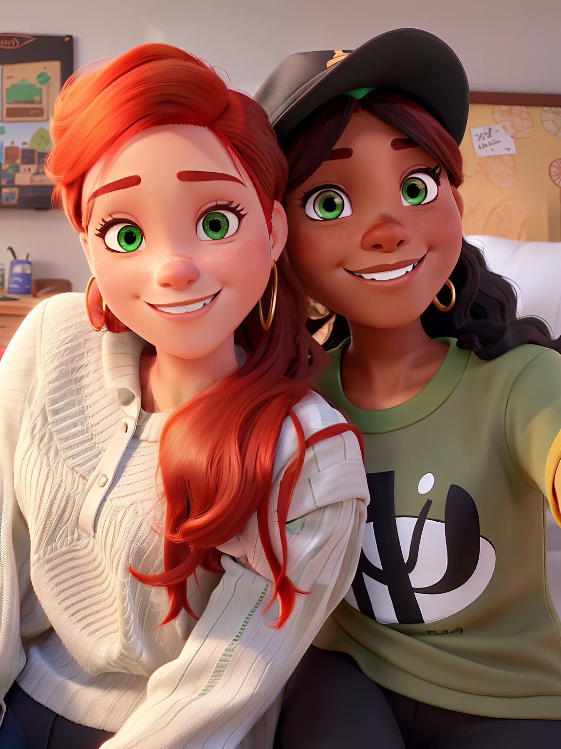 casal de mulheres, a redhead with green eyes and a black woman with brown eyes in a black cap , cabelo preto, sorridente, Estilo Disney Pixar, alta qualidade.