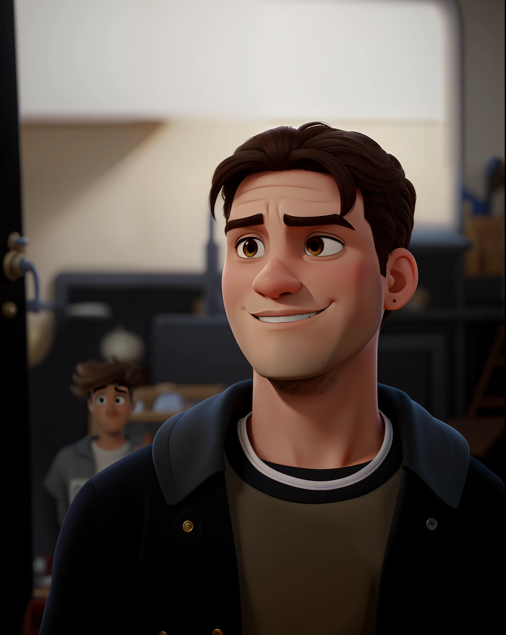 Poster estilo disney pixar. Jovem masculino bonito, brasileiro, Italian descent, 20 anos, cabelos castanhos, cabelos ondulados, olhos castanhos, cabelo taper fade