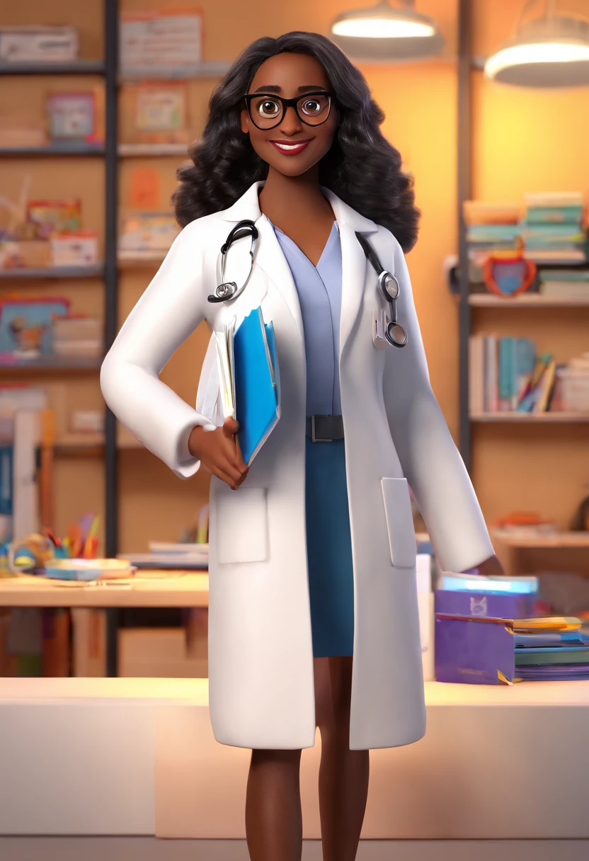 Estilo Pixar: 40 year old black woman with beautiful straight hair, bright black eyes and glasses in white lab coat, psychopedagogue holding a notebook in hand in a children's office, 3D Poster,Disney
