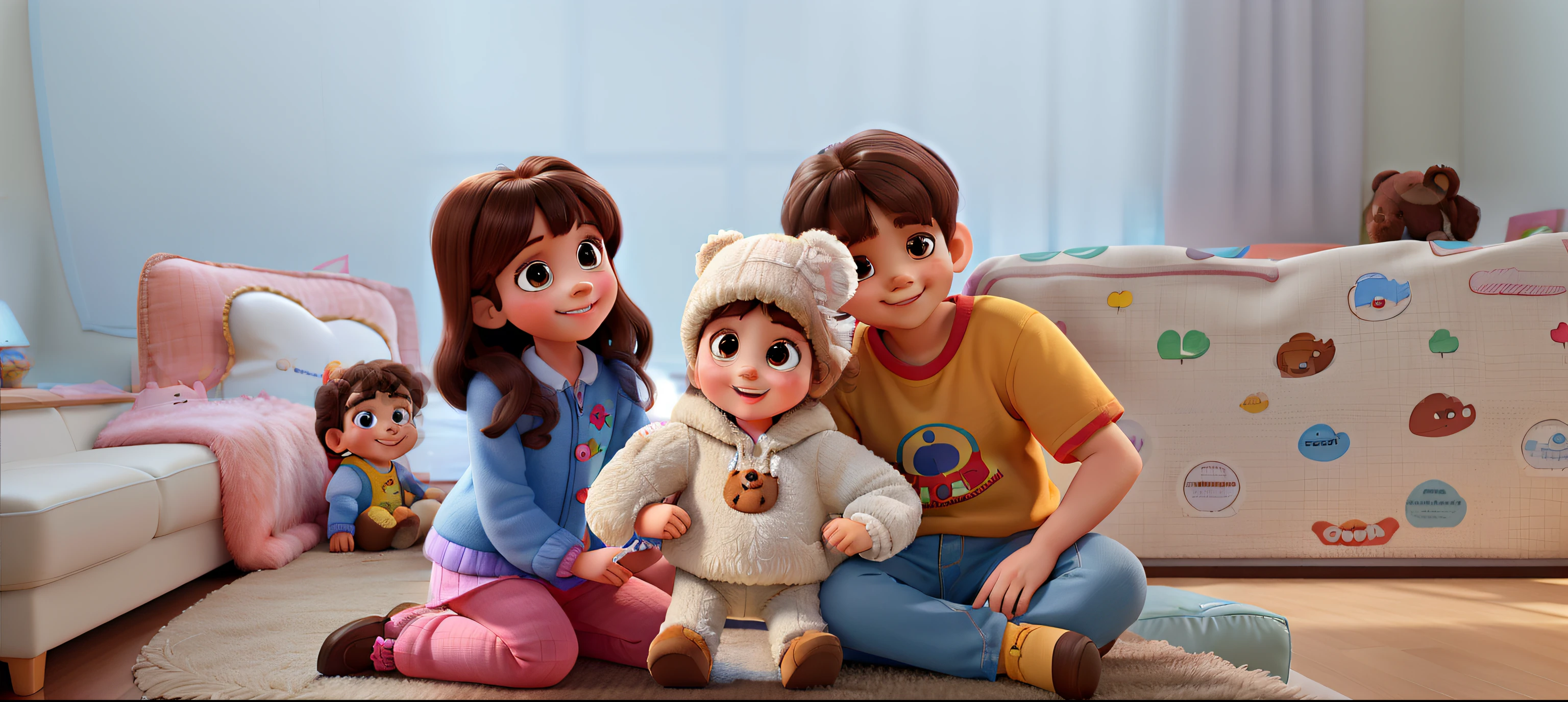 Gerar um poster de uma menininha sorridente de 5 anos, medium brown hair with bangs, A cheerful baby girl in a teddy bear outfit and an 8-year-old boy, moreno e cabelos castanhos, Sitting on the couch in Disney Pixar style, alta qualidade, melhor qualidade