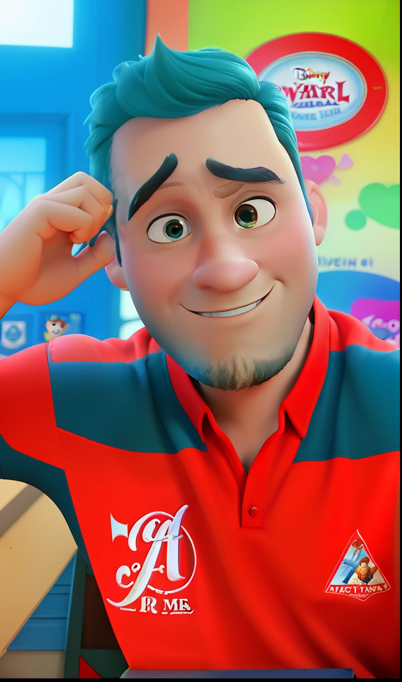 Criar uma imagem estilo disney/Pixar 3D utilizando a foto, conservando e seguindo o mais fiel em cada detalhe. In the background, a wall with several posters of hero movies