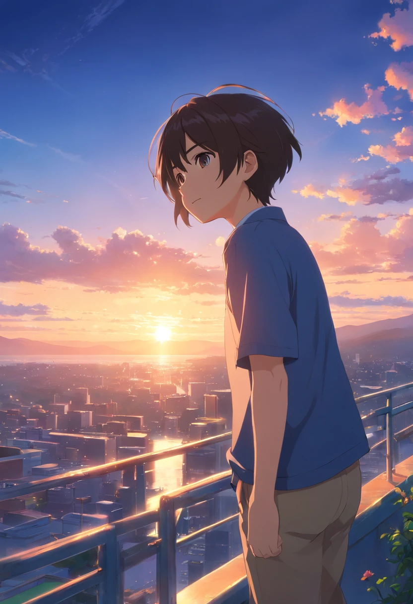 master part, best quality, filme ainda, Rear view, primary school5Grade Boy, Olhos divertidos, um sorriso, com luz brilhante,,Rosto detalhado, cabelos pretos, Close-up, brilhante, Feliz, Soft lighting and Warm, Sunset, (Sparks:0.7)