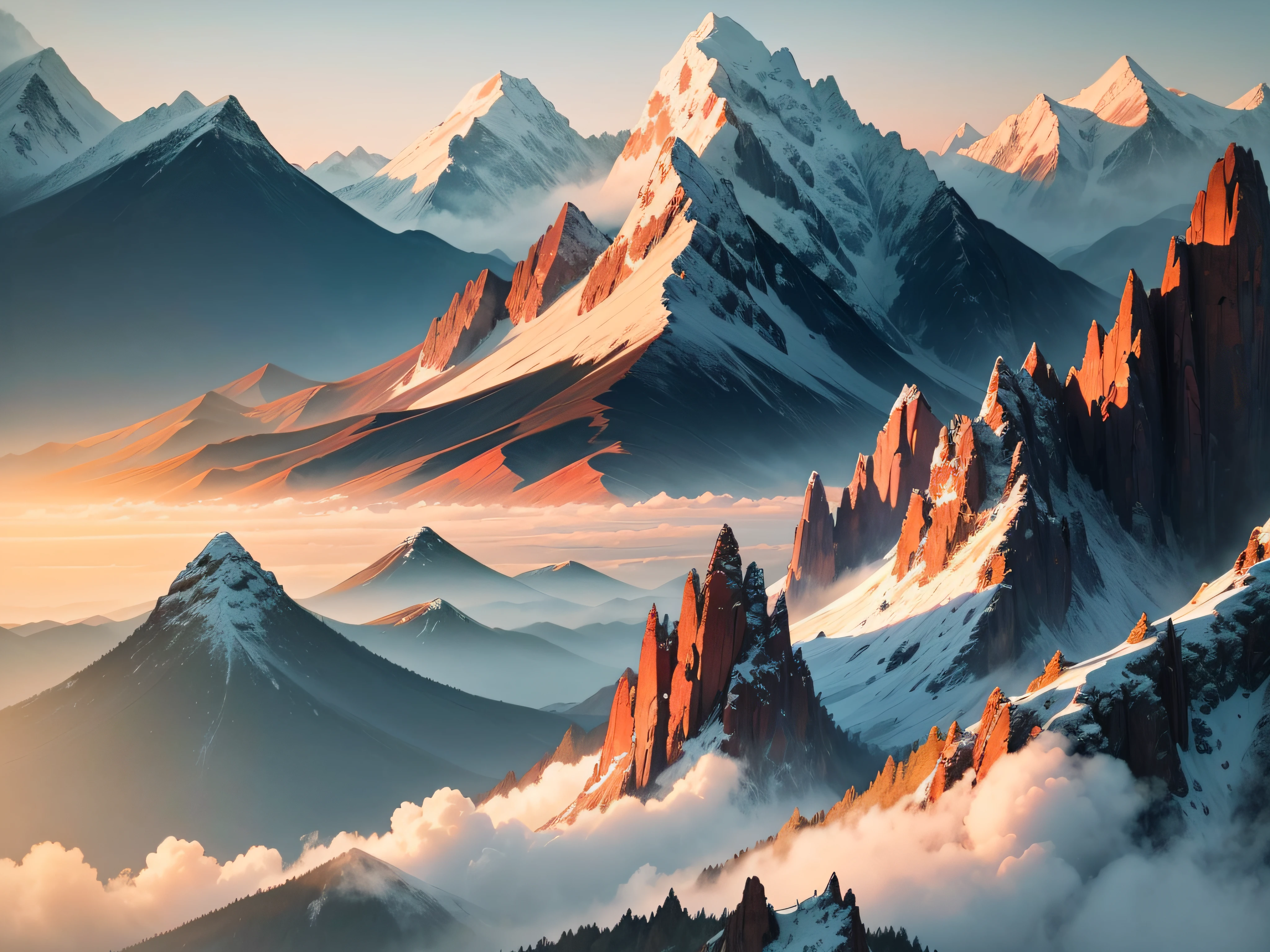 In this watercolor painting of a sunset over a Chinese mountain range,The artist captures breathtaking views。The mountains are high and rugged,Covered with dense green vegetation,Dotted with trees。When the sun starts to set,Its golden glow illuminates the entire landscape,Bring a warm glow to everything。
The sky is a vibrant canvas of colors,Transition from orange and pink near the horizon to dark blue at the top。Thin clouds drift gently across the sky,creating a serene and peaceful atmosphere。
No primeiro plano,There is a sea of tranquil clouds,Extends to the end of the field of view。The clouds look soft and fluffy,Creates a fantastic atmosphere。The colorful sky is reflected on the calm water,Adds to the beauty of the whole scene。
The artist uses watercolor techniques,Gives the painting a transparent and delicate texture,Enhance the extraordinary charm of mountain sunsets。Attention to detail and skillful brushstrokes bring the paintings to life,Let the audience immerse themselves in the beauty of the Chinese mountain sunset。