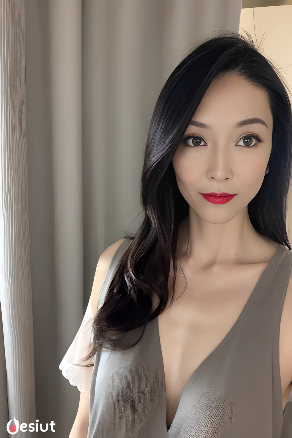 1girl in、Super beautiful Japan woman in her 40s、Sheer、Sensual look、real looking skin、Colossal tits、Fashion Model Body Type、Darklet、Focus on the eyes、mascara、lipsticks、pube、Constricted waist、Dark gray background