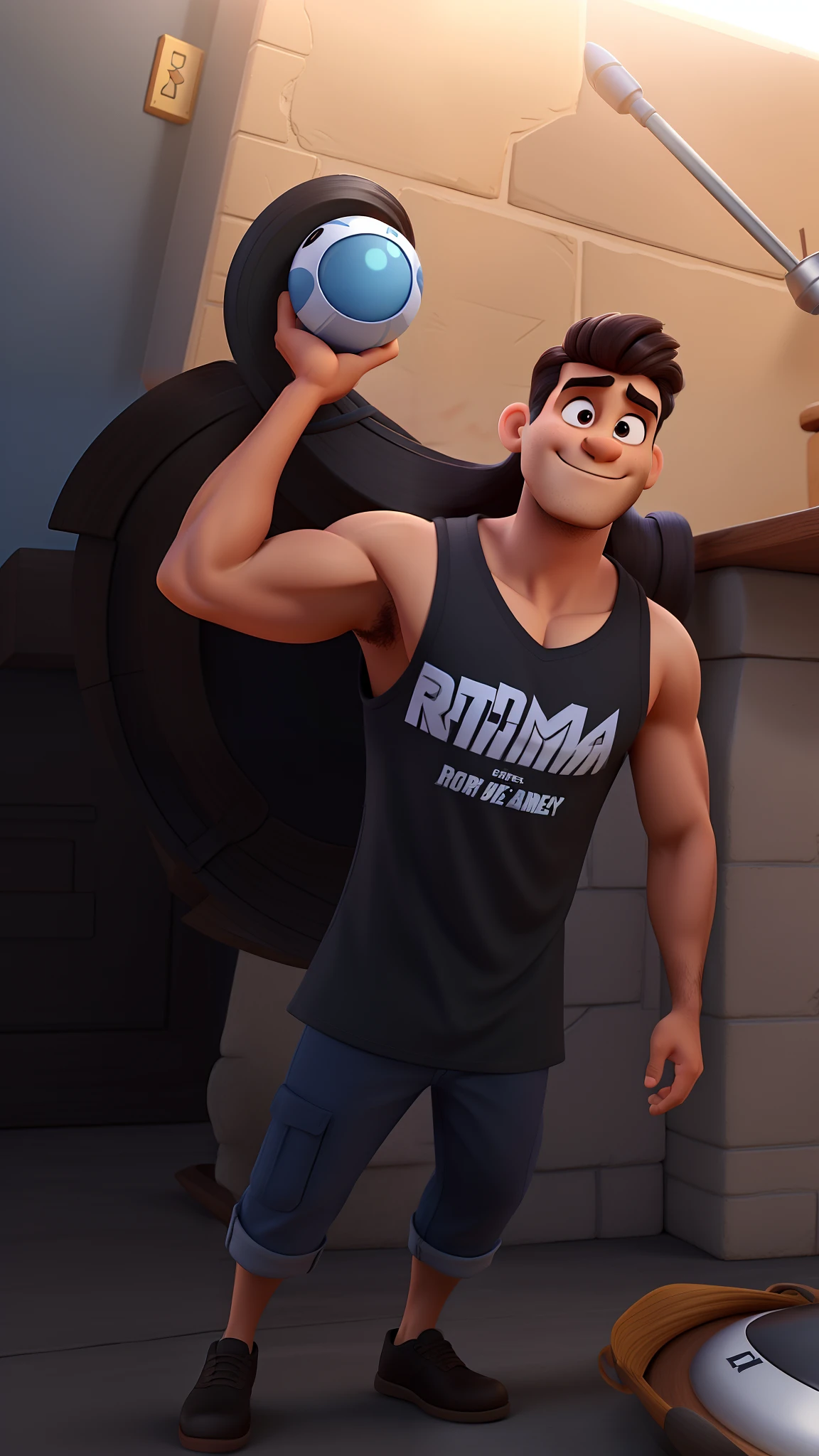 Um homem forte de camisa regata preta cabelo preto, com barba estilo Disney Pixar, Alta qualidade na academia
