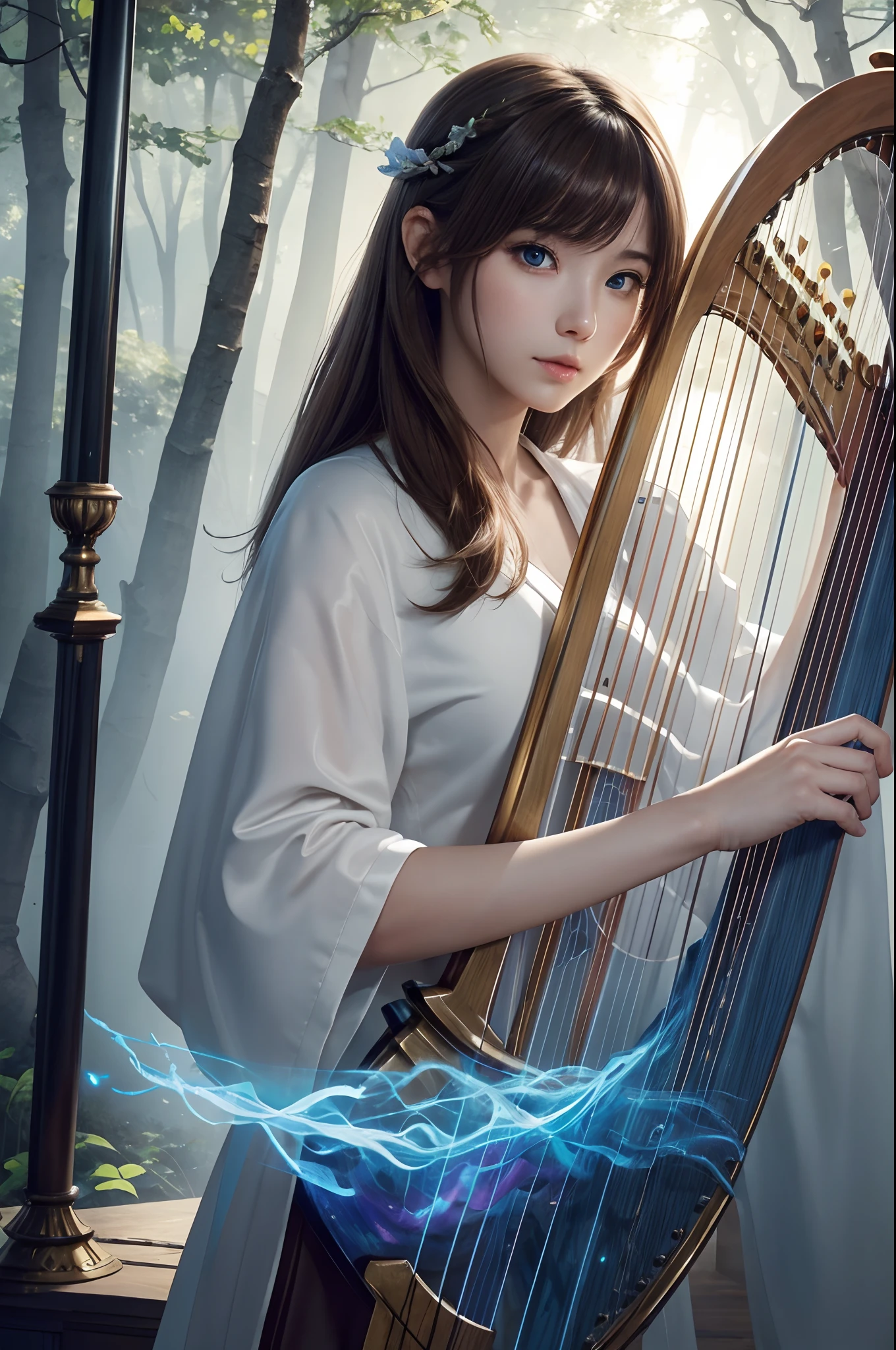 hightquality、8K Ultra HD、fullllbody、A 16-year-old female harpist is playing the harp、robe blanche、light brown hair、Blue eyes、(There is a nice healing forest in the background)、cute little、Beautiful fece、portlate、A kitten、art by:Alberto Seveso、Symmetrical、Abstract art style、Complex and intricate watercolor painting 、digitial painting、explosion of colors、concept-art、Volumetric lighting、TanvirTamim、metal reflective、2d render、8K。 by artgerm、Trending on ArtStation