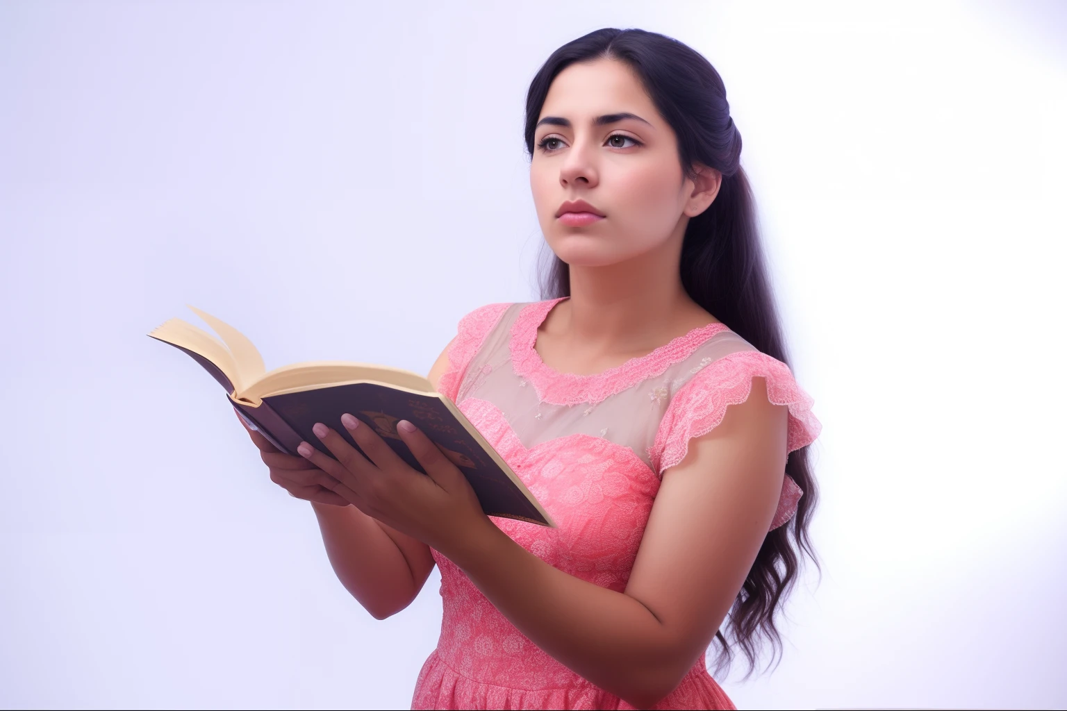 There is a woman who has a book in her hands, Dramatic pose from the book of the bible, segurando livro, usando um vestido rosa, diary on her hand, Inspirado em Reyna Rochin, dramatic reading book pose, Completo - Ver, vestido com um vestido rosa, Lendo novo livro, retrato do livro, Lendo o livro sobre o amor