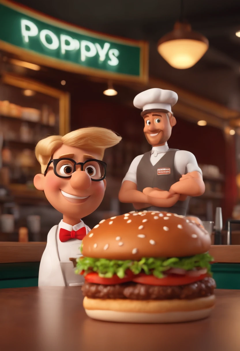 Pixar-style animation of a burger restaurant with a sign that says Poppys, com um homem magro de cabelo e barba preta, Brown eyes cap and white uniform with red bow tie serving beer together with a blonde woman with short hair, brown eyes and glasses, Serve a burger.