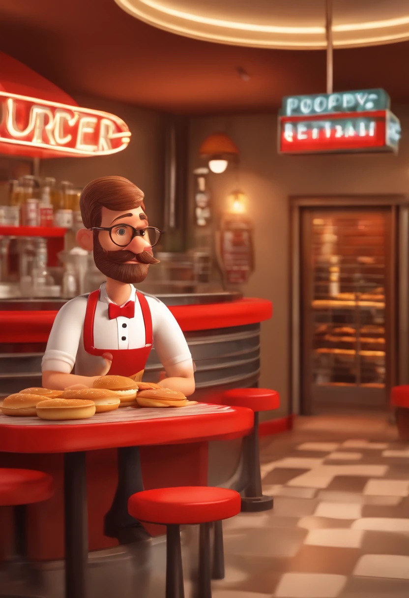 Pixar-style animation of a burger restaurant with a sign that says Poppys, com um homem magro de cabelo e barba preta, Brown eyes cap and white uniform with red bow tie serving beer together with a blonde woman with short hair, brown eyes and glasses, Serve a burger.