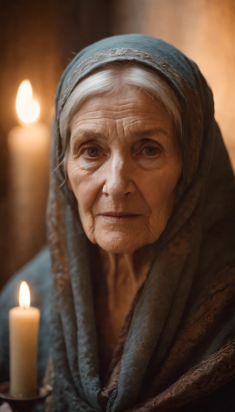 Intricate half body portrait of a very old Caucasian woman with wrinkles, illuminated by warm litted candles, with a backdrop of eerie dungeion . stunning interpretive visual, maximalist scarf and veil. f1.0lens, tilt-shift, shalllow DOF. dramatic lighting. chiaroscuro,