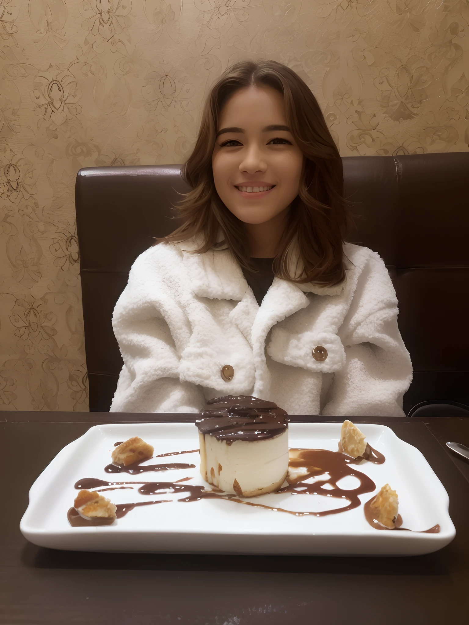 mulher arafed sentada em uma mesa com um prato de comida, delicioso, muito saboroso, sentado em uma mesa cor de mocha, sobremesa, comer bolos, exclusivo, with a happy expression, bolo, Directed by: Emma Andijewska, Directed by: Dora Crusader, non blurry, sitting at a café, Comer, obra-prima obra de arte