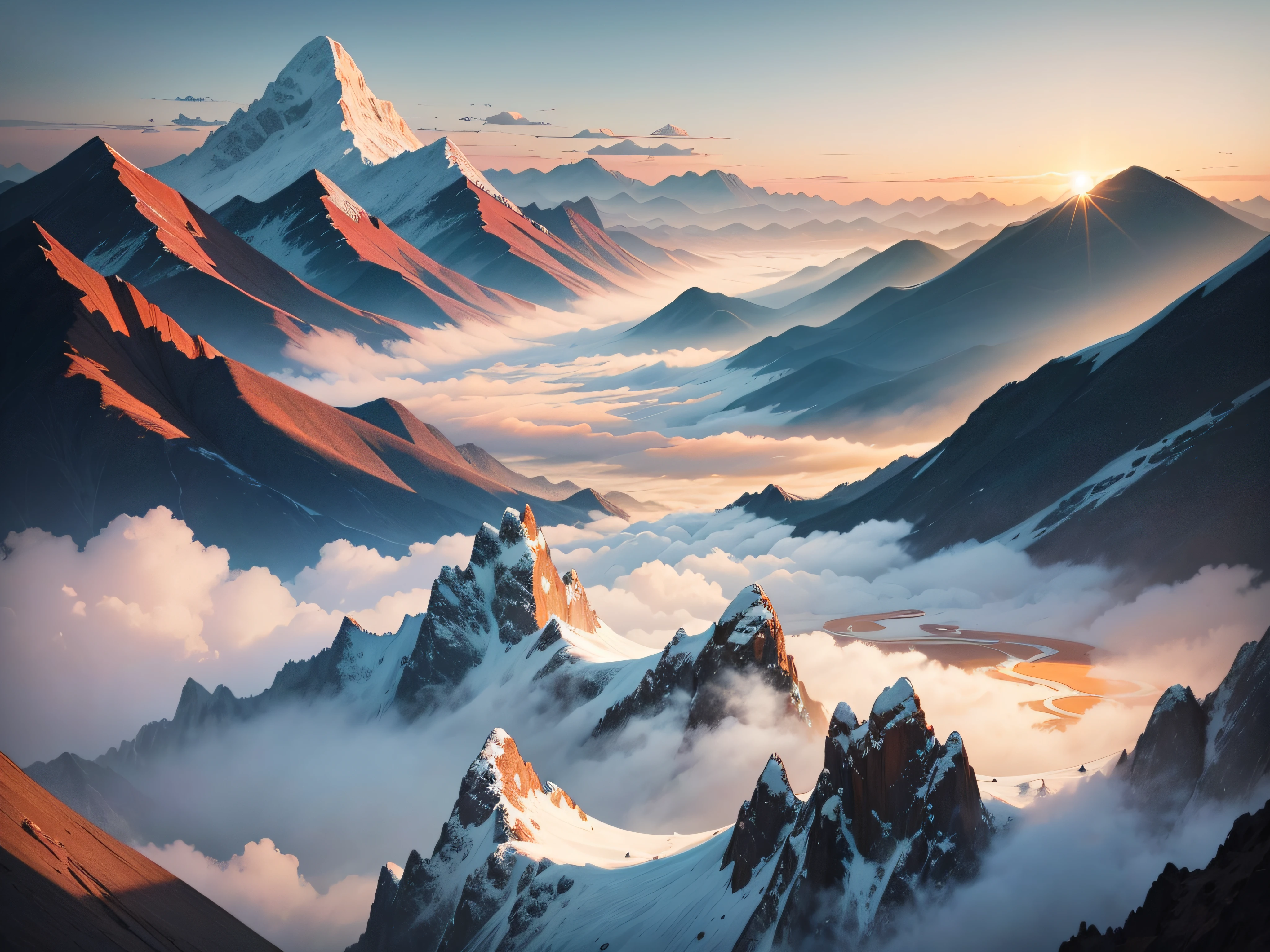 In this watercolor painting of a sunset over a Chinese mountain range,The artist captures breathtaking views。The mountains are high and rugged,Covered with dense green vegetation,Dotted with trees。When the sun starts to set,Its golden glow illuminates the entire landscape,Bring a warm glow to everything。
The sky is a vibrant canvas of colors,Transition from orange and pink near the horizon to dark blue at the top。Thin clouds drift gently across the sky,creating a serene and peaceful atmosphere。
No primeiro plano,There is a sea of tranquil clouds,Extends to the end of the field of view。The clouds look soft and fluffy,Creates a fantastic atmosphere。The colorful sky is reflected on the calm water,Adds to the beauty of the whole scene。
The artist uses watercolor techniques,Gives the painting a transparent and delicate texture,Enhance the extraordinary charm of mountain sunsets。Attention to detail and skillful brushstrokes bring the paintings to life,Let the audience immerse themselves in the beauty of the Chinese mountain sunset。