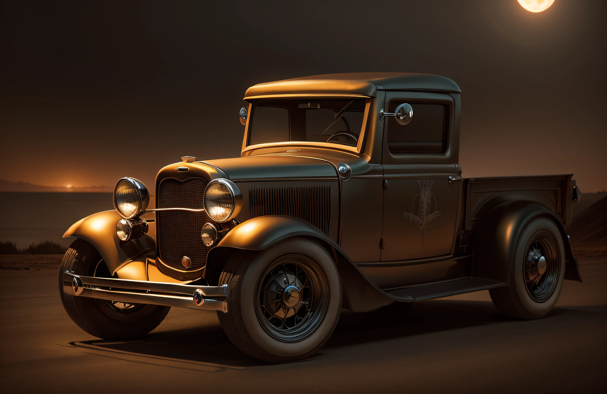 A Roadster Pick Up 1932 Ford in a, dark atmosphere, nightfall, cinema photography, warm colours, keep the car faithfull to the original,