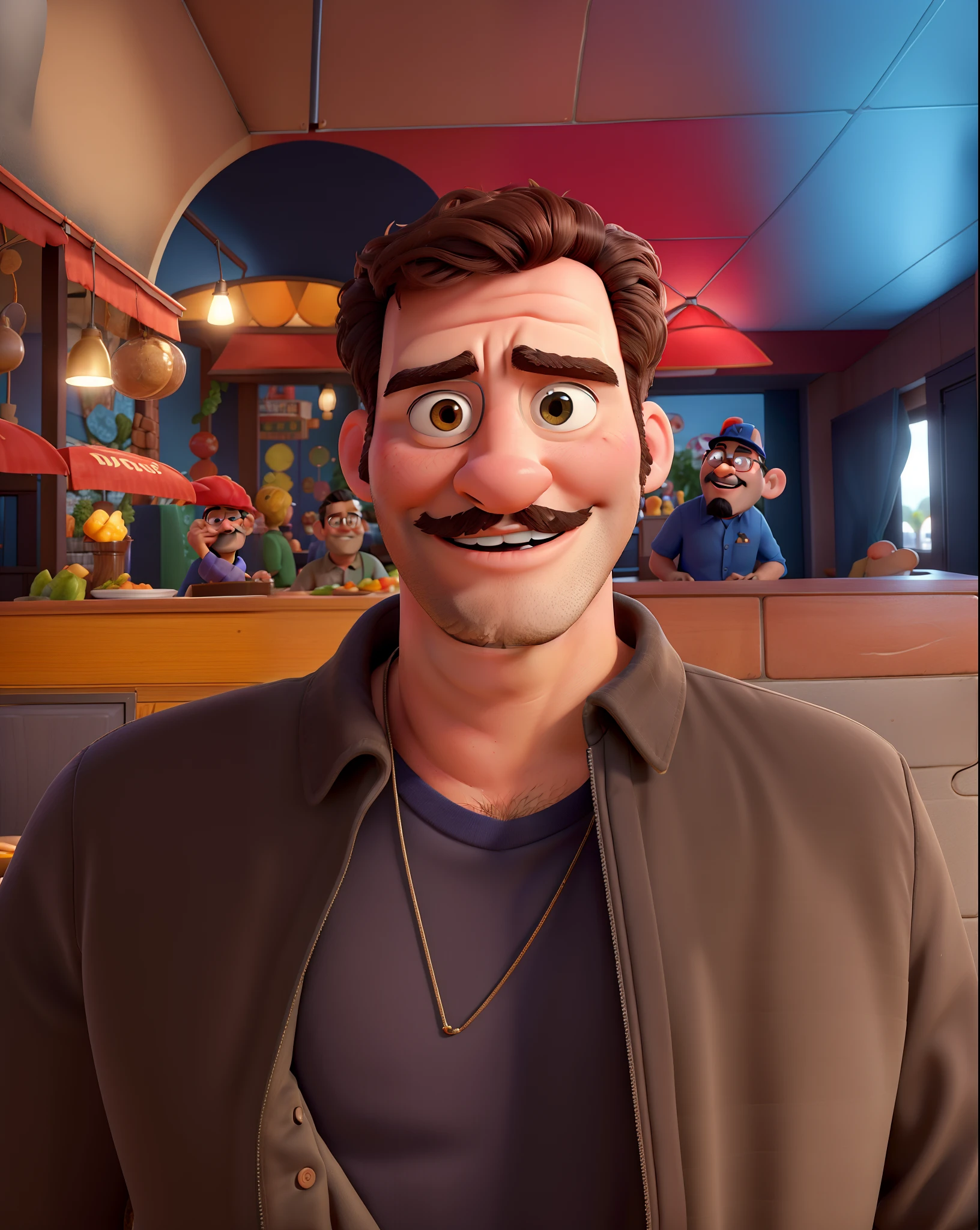 personagem de filme disney pixar, sentado em uma mesa do restaurante, desenho, homem 25 anos bigode enrolado, barba baixa