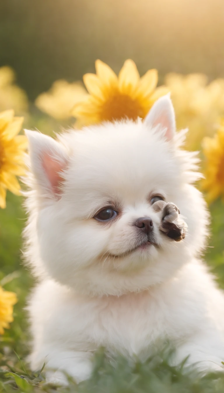 Short silver gradient in pet clothes, Cute hats, sunglasses，rays of sunshine，heal，Lying on the lawn，There are some flowers，super adorable，Chubby，Smiling