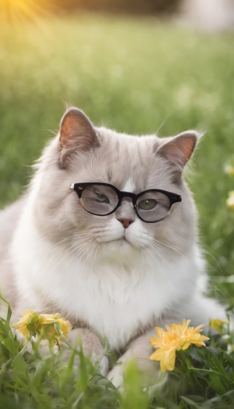 Short silver gradient in pet clothes, Cute hats, sunglasses,rays of sunshine,heal,Lying on the lawn,There are some flowers,super adorable,Chubby,Smiling