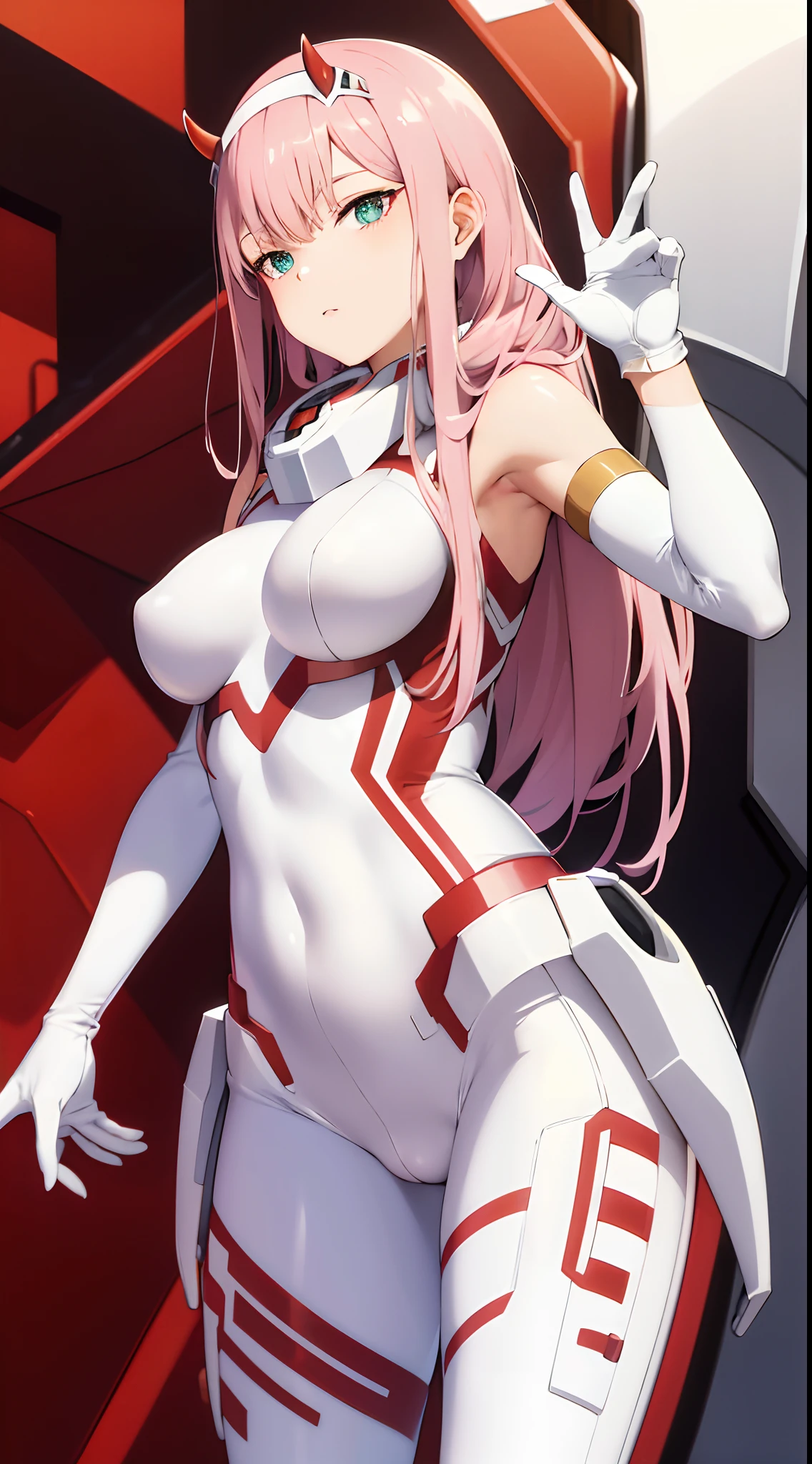 masterpiece, best quality, highres, cczero2, long hair, horns, hairband, white bodysuit, pilot suit, gloves, standing, cowboy shot