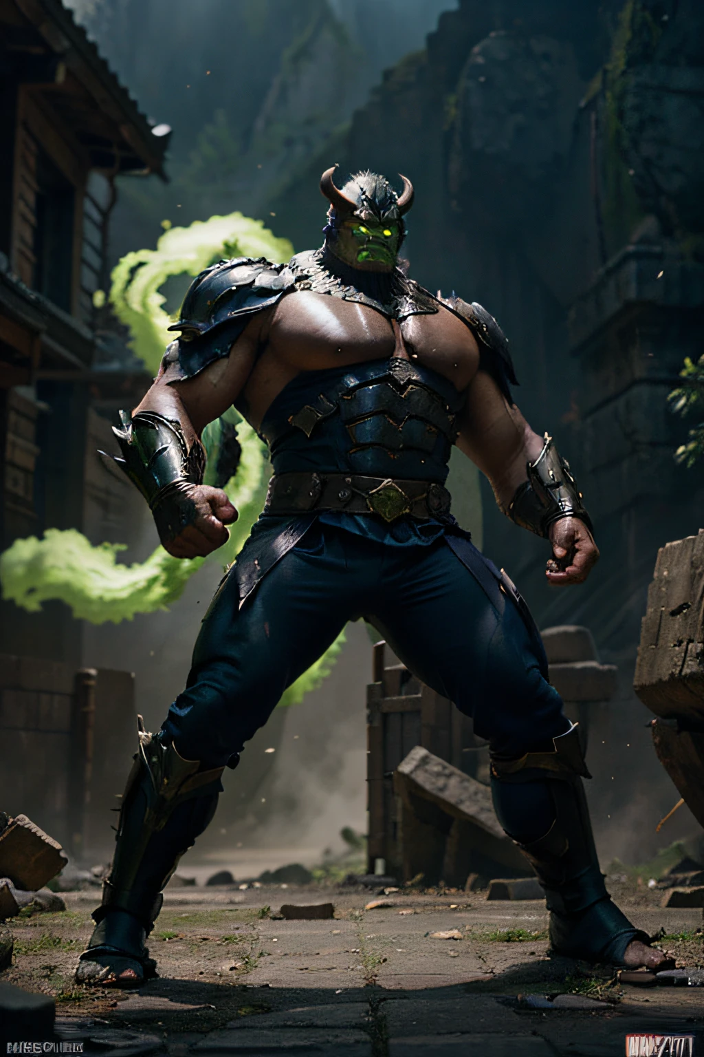 epic scene in which the Marvel character Hulk is wearing the complete armor of the legendary Shiryu of the Dragon. Detail the transformation of the Hulk as he dons this legendary armor, emphasizing how this combination of brute strength and mystical resilience manifests in a battle situation in a setting of your choice. Describe the visual and auditory effects of the scene, as well as the reactions of the characters or enemies who witness this powerful fusion."