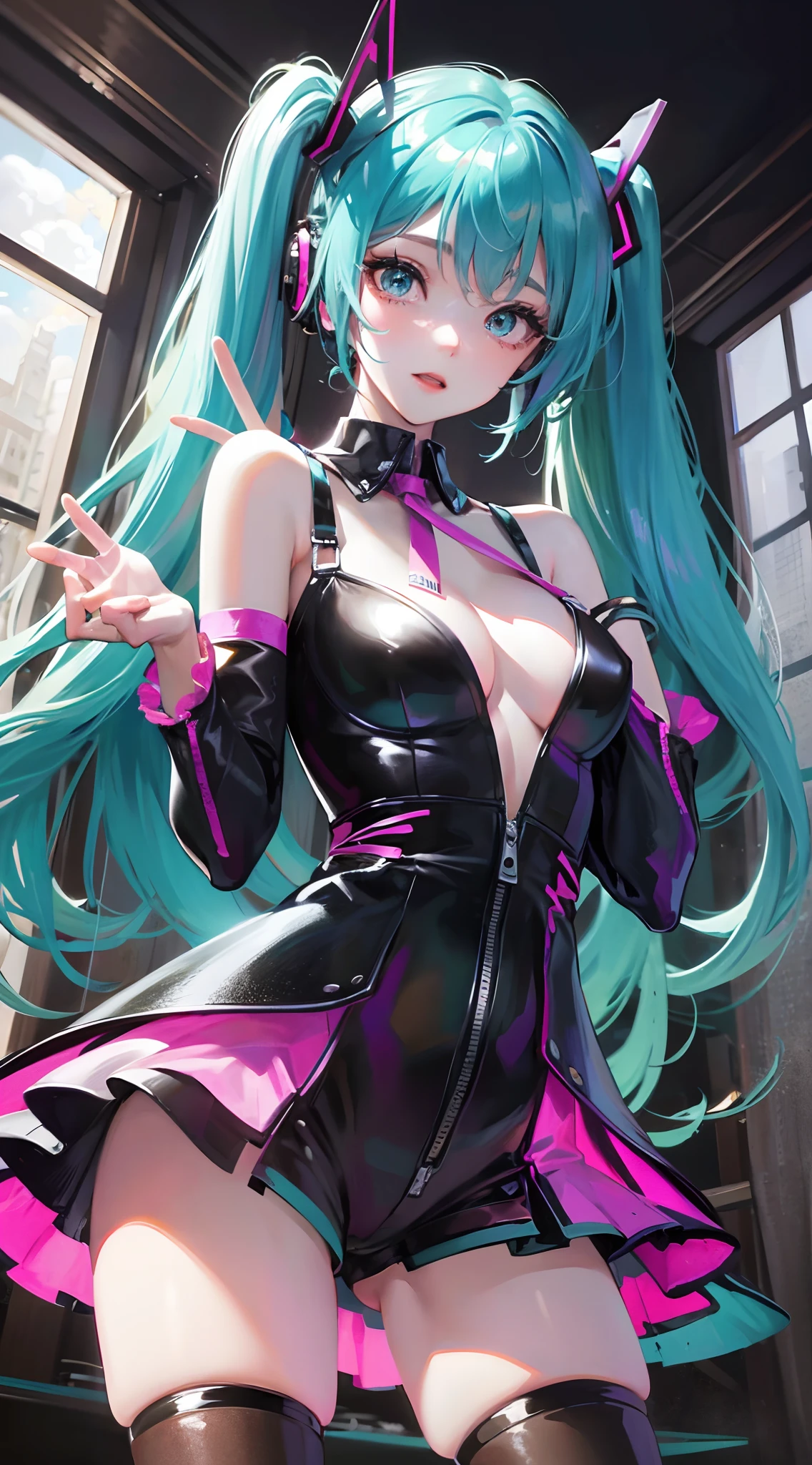 Absurdres masterpiece HDR high quality picture of Hatsune Miku, very young age girl 14 years old with detailed face, simple hair design , beautiful face, hands on waist and hands are hiding in her hair and clothes , very long hair, ((random hair style:1 )) , anime eyes, light skin ,
Devil Girl outfit , black wings, detailed hair ornaments , concert stage background, masterpiece scenery