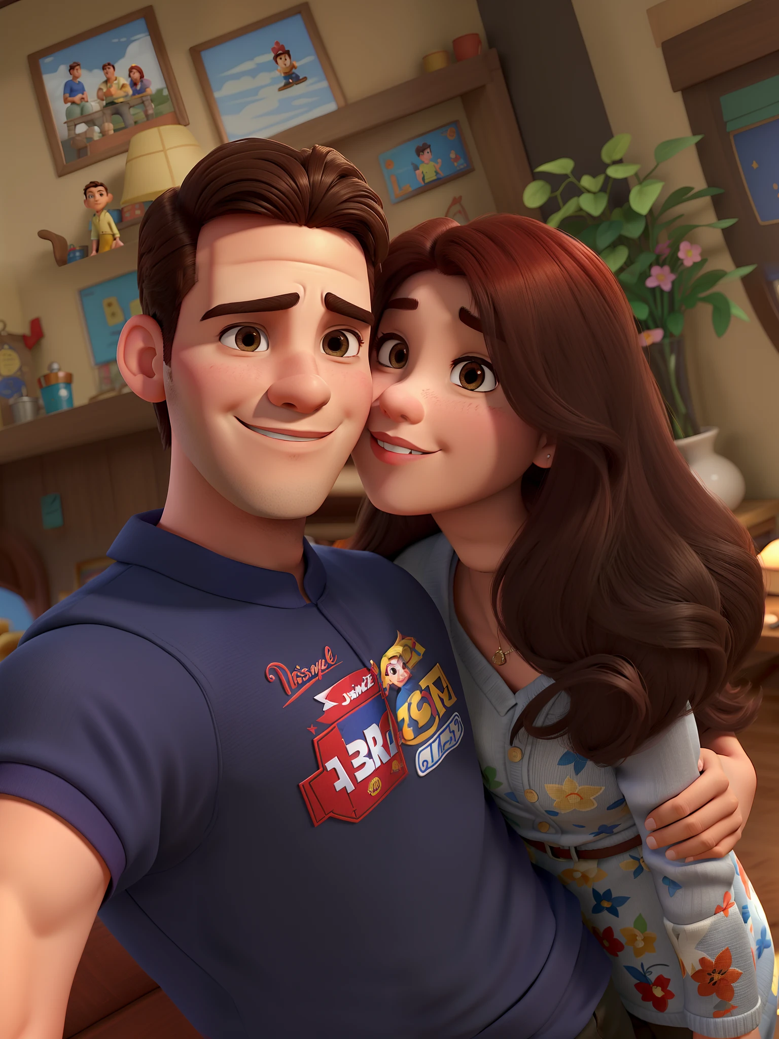 Casal (homem moreno e mulher branca) no estilo Disney Pixar, alta qualidade, melhor qualidade.