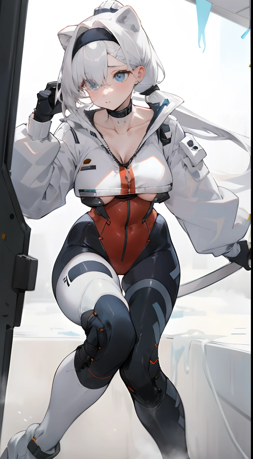 Bigboobs,White color hair,High ponytail,Stand up,Leakage out of the collarbone,Neck leakage,knee length socks,tightsuit