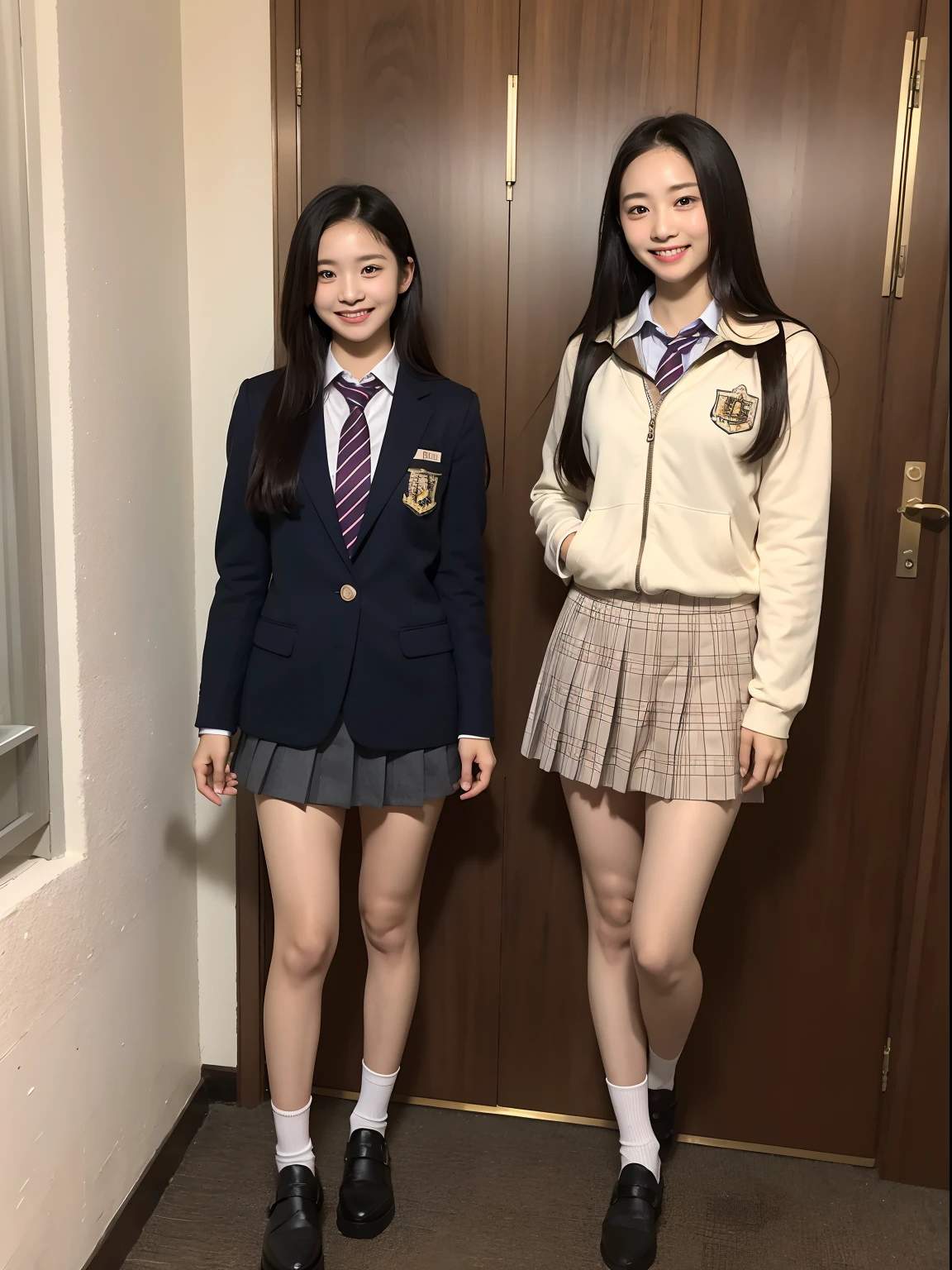 (masutepiece:1.3), (8K, Photorealistic, Raw photo, Best Quality: 1.4), Japanese, (1girl in), Beautiful face, (Realistic face), (Black hair), Beautiful hairstyle, Realistic eyes, Beautiful detailed eyes, (Realistic skin), Beautiful skin, Attractive, 超A high resolution, A hyper-realistic, Highly detailed, Golden ratio,School uniform.)、1girll、cute little、A smile、a closed mouth、Beautiful details、Beautiful nose in every detail、full body Esbian、wetting hair、Colossal Dalsepho、pork meat、student clothes、thighs thighs thighs thighs