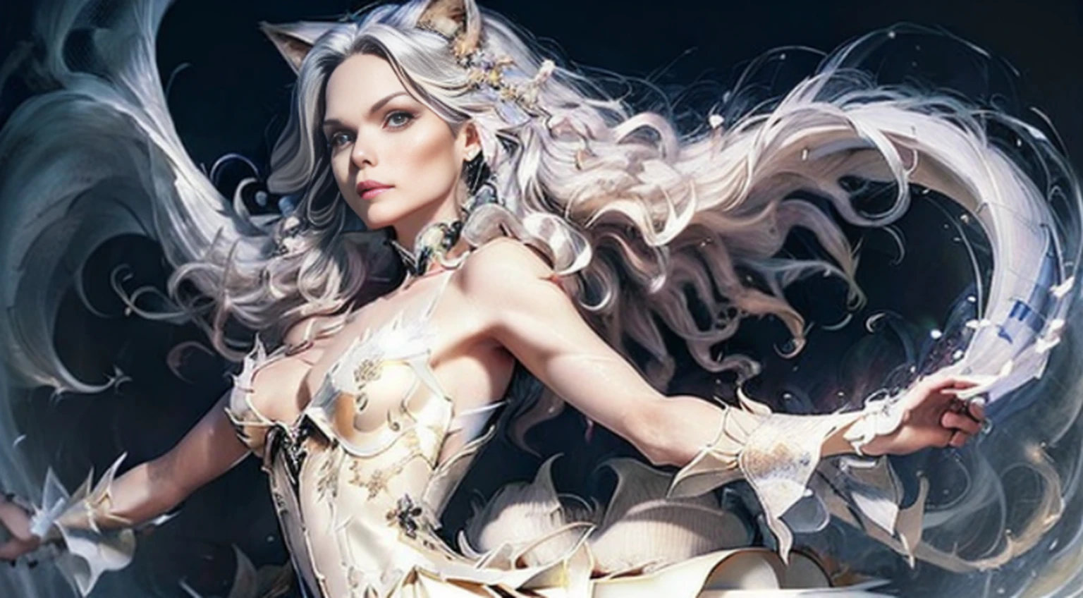 (1 girl standing, Full-bodied and with white-skinned fox ears before the full moon is a huge nine-tailed white fox:1.5), fantasia raposa amor, Raposa de cabelos brancos, anime raposa branca, anime fantasy illustration,(Fundo com a lua cheia, dentro da floresta,blue transparent smoke around:1.8), Arte de Silverfox,melhor qualidade, master part, ultrahigh-resolution, (fotografia realista:1.4), realismo ultrarrealista, Semelhante a um sonho, FusionArt, Shadow dancer, magia das sombras, darkeness, furtividade, passo da sombra, Umbral spells,