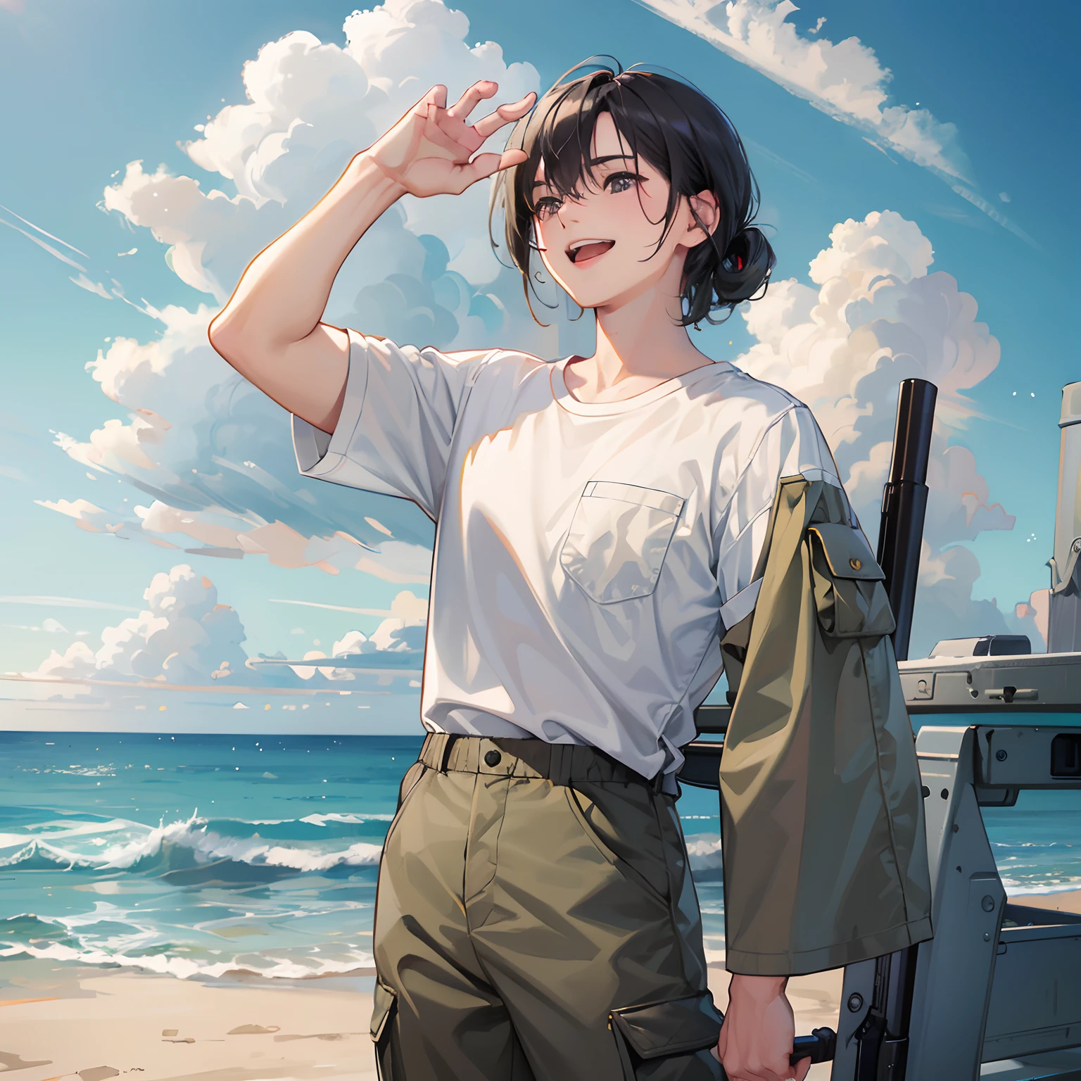 I slung a shotgun over my shoulder、Front-facing、((masterpiece、top-quality、8K))、Short all-back、Laugh aloud:2、Khaki Cargo Pants、White T-shirt、Black hair,
Silver Dip Die Hair