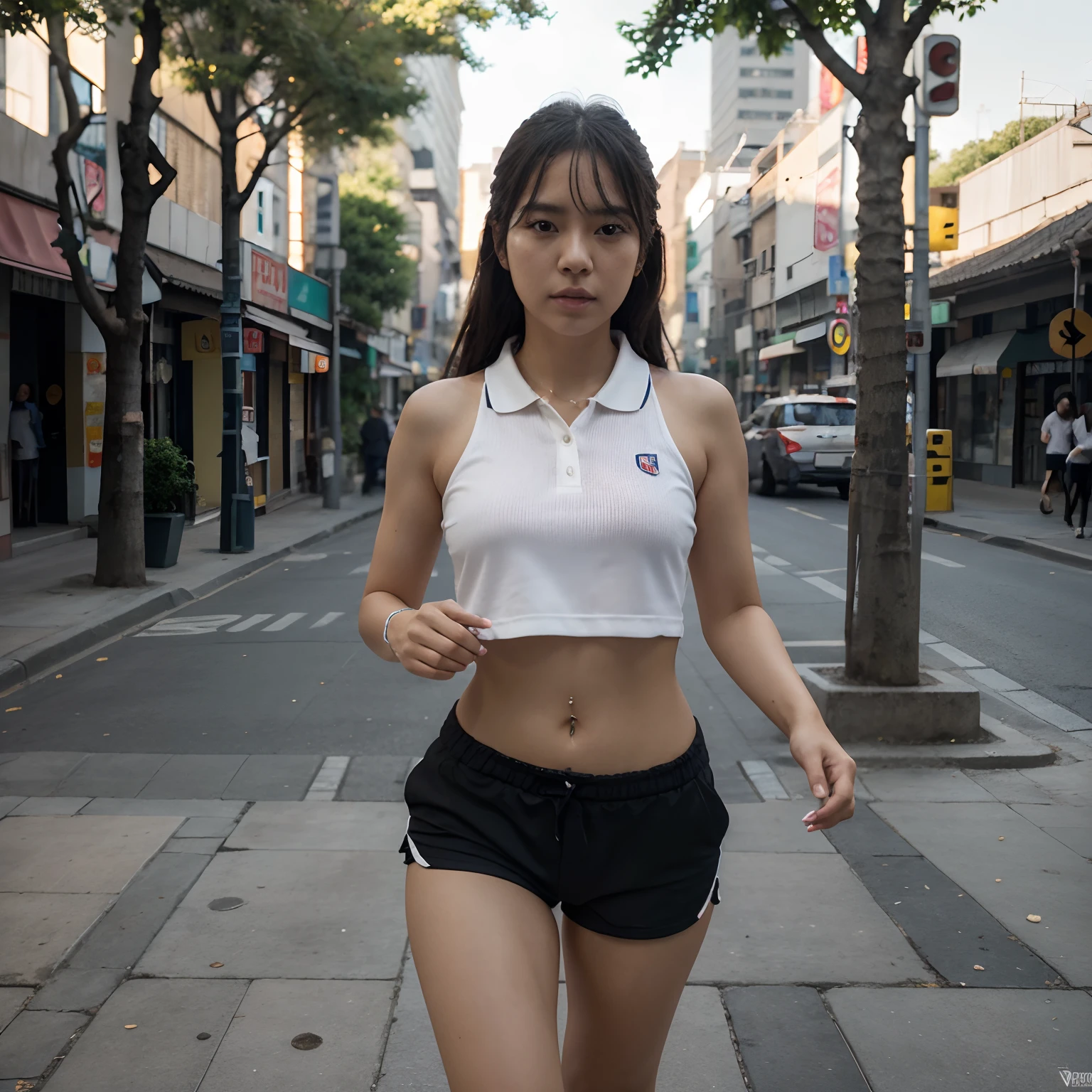 cuerpo completo. Beautiful 25 year old South Korean girl, cabello negro, Dressed in polo shirt and shorts running down the sidewalk of Seoul, textura de piel gran angular, ultra detallado, Detalles intricados, octanaje renderizado, iluminacion volumetrica, golden ratio, imagen en 3D, resolucion 64K. photographic style: Lente de 50 mm, apertura F.2.5. Sugerencias: No debe salir: Bortoso, feo, ruido, grano, mala anatomia, malas proporciones, mal arte, mal dibujado, cara mala dibujada, mutado, mutilate, morbid, miembros perdidos, miembros extras, miembros flotantes, miembros fusionados, fuera de foco, fuera de cuadro,  low res, carton, plastico
