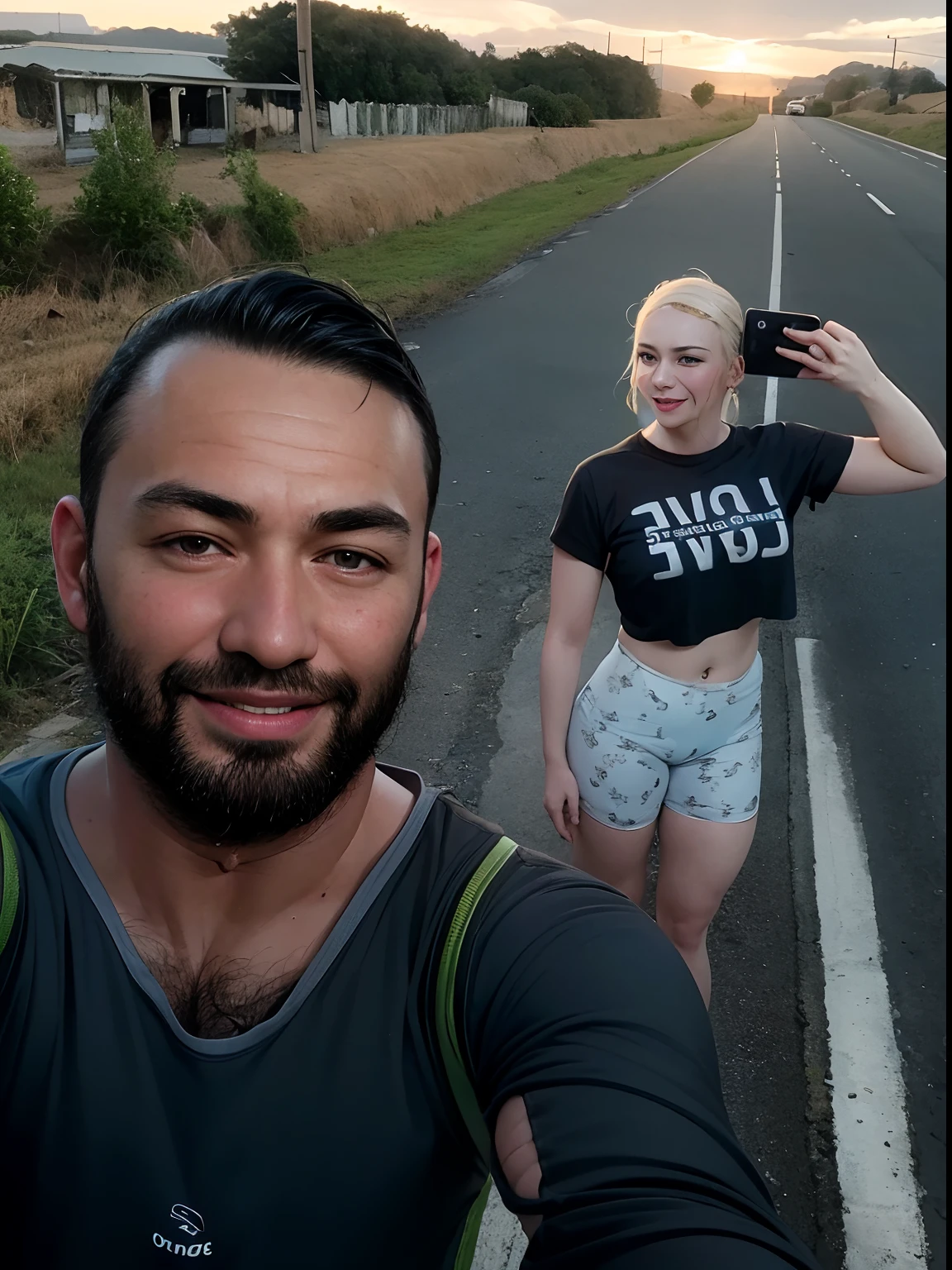 They are taking a selfie of a man and a woman on the road, em uma estrada, Directed by: Nandor Soldier, Edon Guraziu, Natasha Tan Maciej Kuciara, Fotografia tirada em 2 0 2 0, por Julius como se, Cottagecore!! corpo fitness, imagem de perfil, malhar no campo