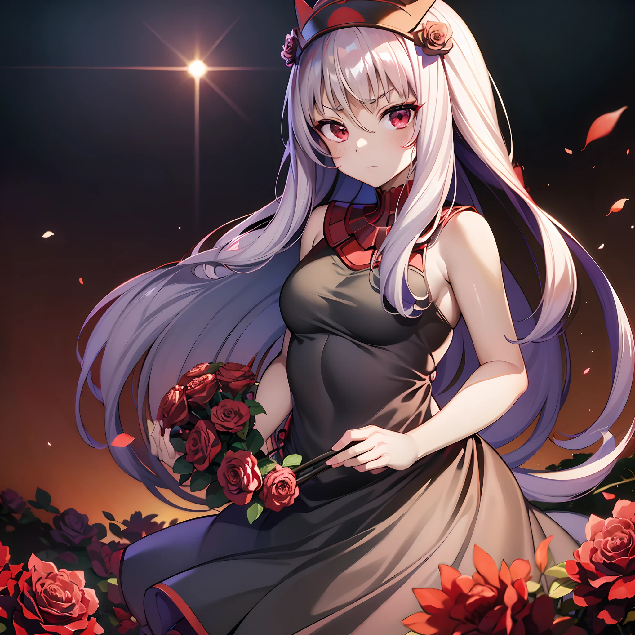 (Best Quality, masutepiece), (1girl in, Solo, Black Dress, Standing , Looking at Viewer, White hair, Red Eyes, holding rose, Closed mouth, Upper body), (Red Dream Catcher in the Back, Red flower, )