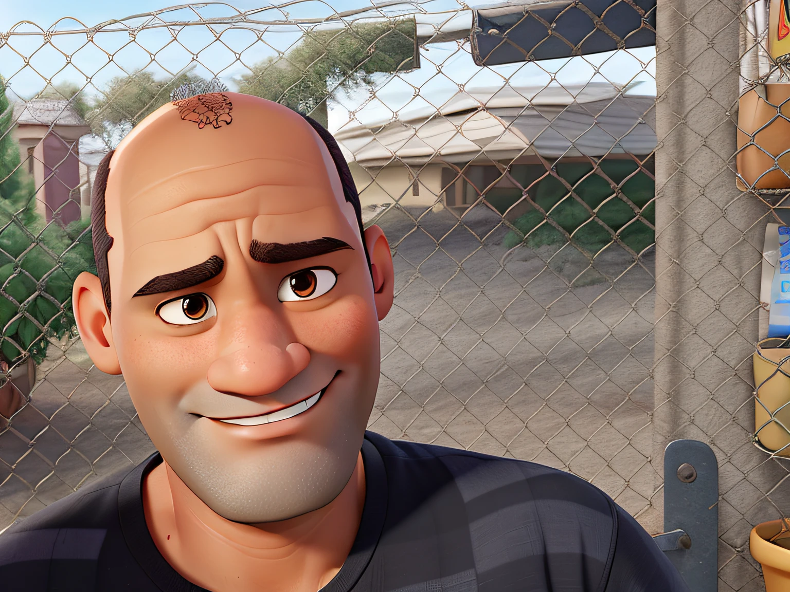 42-year-old man, dark-skinned, half-bald Style portrayed Disney Pixar in high resolution