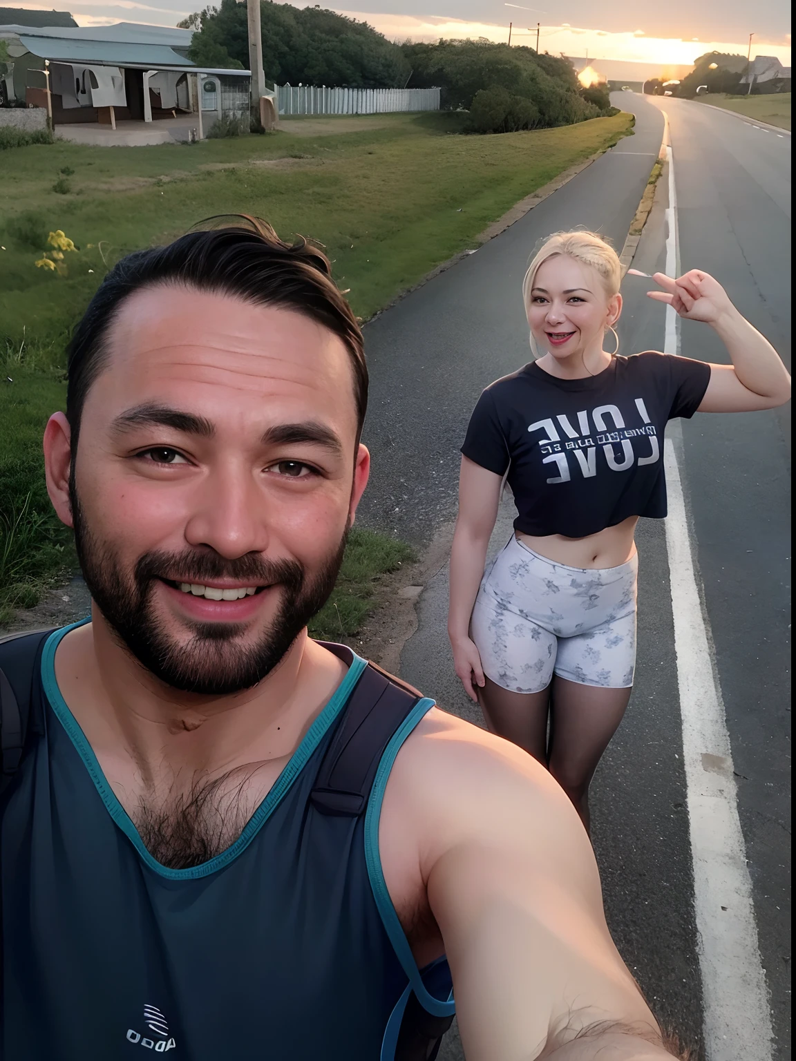 They are taking a selfie of a man and a woman on the road, em uma estrada, Directed by: Nandor Soldier, Edon Guraziu, Natasha Tan Maciej Kuciara, Fotografia tirada em 2 0 2 0, por Julius como se, Cottagecore!! corpo fitness, imagem de perfil, malhar no campo