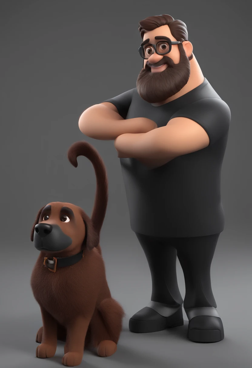 Cartoon character of a man with black glasses and a black t-shirt,, long brown beard. with black labrador dog around. animation character, Caractere estilizado, animation style rendering, 3D estilizado, Arnold Maya render, 3 d render stylized, toon render keyshot, Personagem 3D, Personagem 3D, 3d rendering stylized, 3 d character render, personagem de desenho animado, Personagem de close up, Pose de personagem, (Estilo Pixar) (master part:1.2) (Bokeh) (best quality) (pele detalhada) (textura detalhada) (8k) (argila) (Cinematic lighting) (foco nítido)