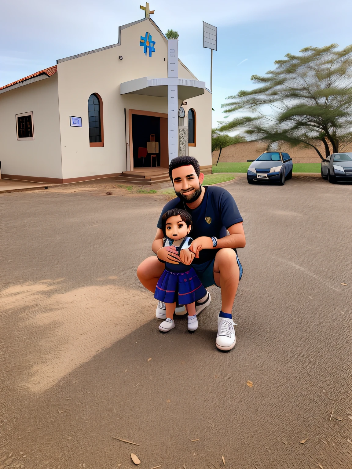 The father and his baby daughter, sorrindo, com uma igreja ao fundo