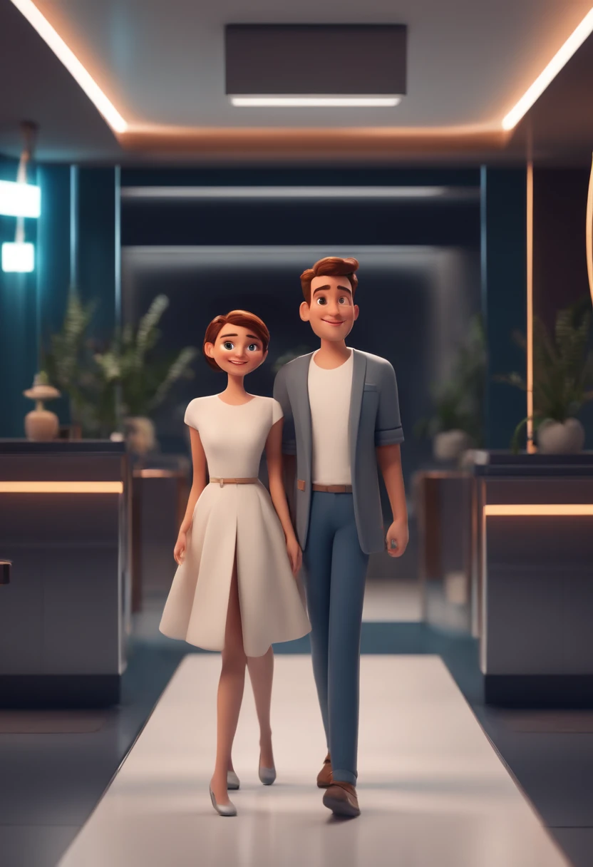 a happy cute girl and boyfriend standing short hair, vestindo uma fantasia espacial, , fundo branco, barnet, Tom, Estilo Pixar, ....3d, desenhos animados, rosto detalhado, asymmetrical 16k