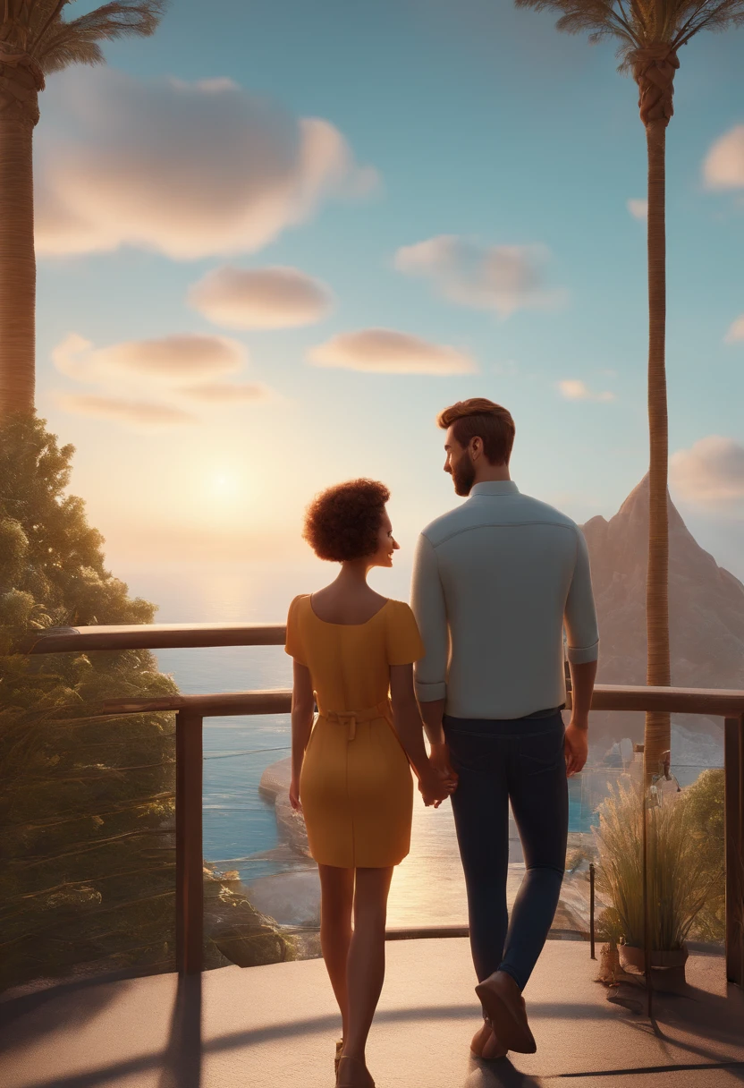 a happy cute girl and boyfriend standing short hair, vestindo uma fantasia espacial, , fundo branco, barnet, Tom, Estilo Pixar, ....3d, desenhos animados, rosto detalhado, asymmetrical 16k