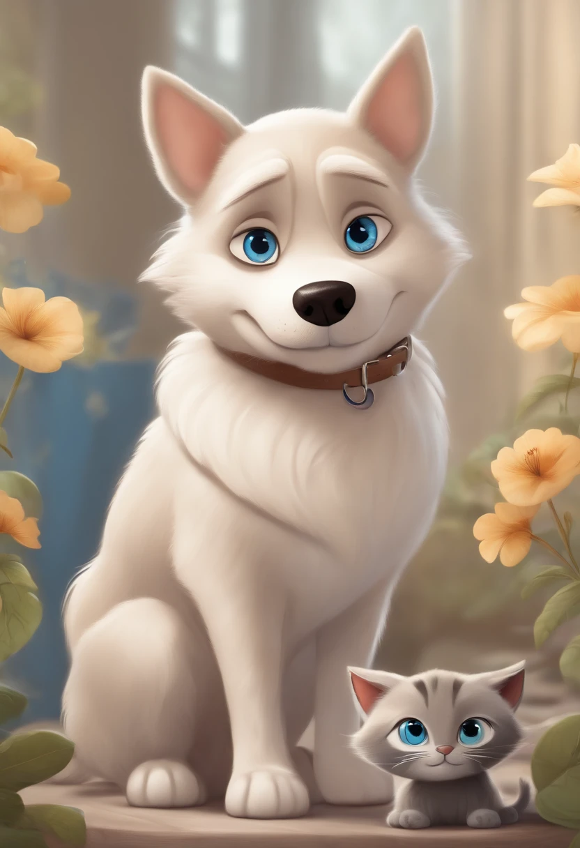Cartoon character of a medium-sized beige dog with a childish face and cartoon character of a small gray and black colored cat with blue eyes
