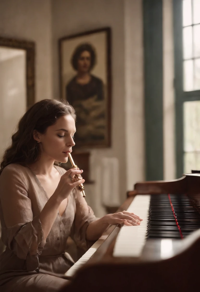 uma mulher tocando piano e um homem tocando flauta transversal super realista