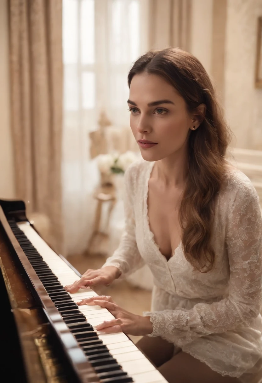 uma mulher tocando piano e um homem tocando flauta transversal super realista