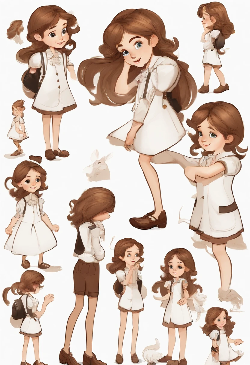 imagine a model sheet of the character Alice in various poses and expressions, on a white background, children's book illustration style. Simple, cute, , shoulder-length brown hair, wearing a white shirt with a black jacket over it and shorts.