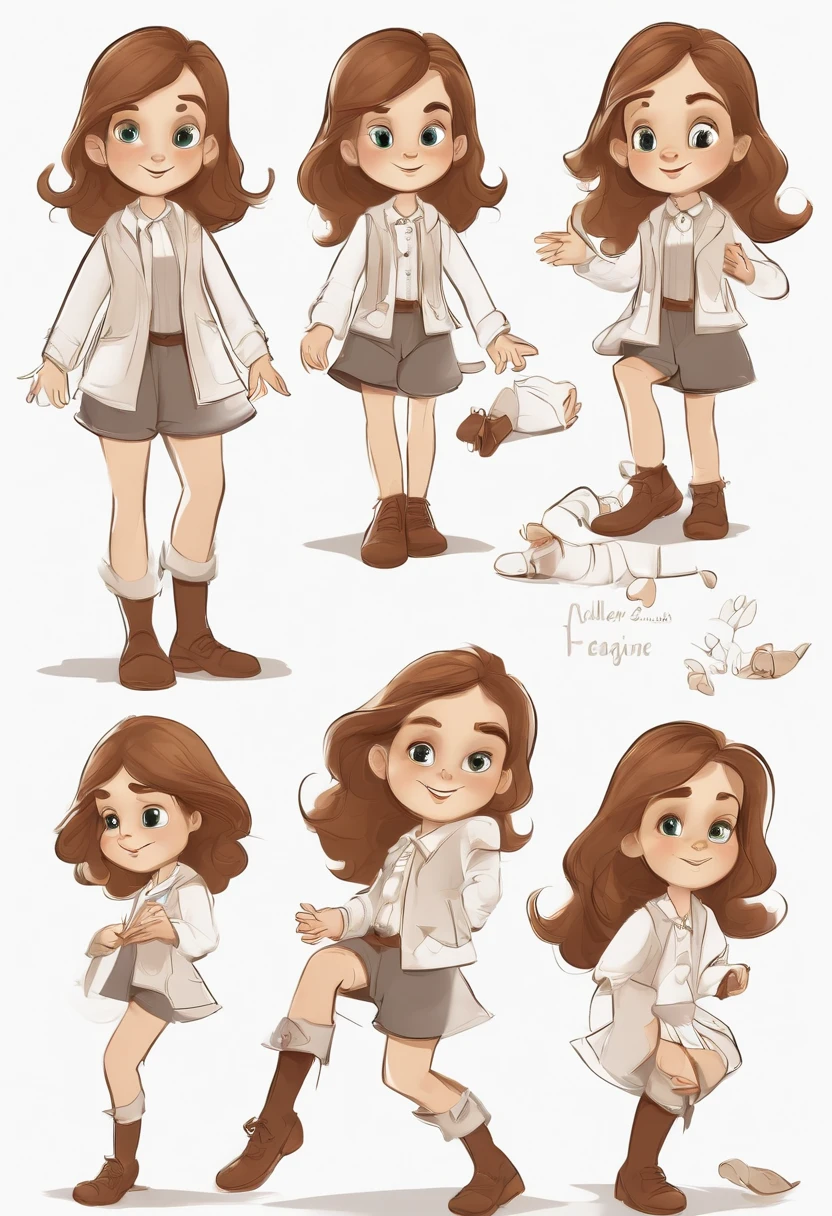 imagine a model sheet of the character Alice in various poses and expressions, on a white background, children's book illustration style. Simple, cute, 6 years old, shoulder-length brown hair, wearing a white shirt with a black jacket over it and shorts.