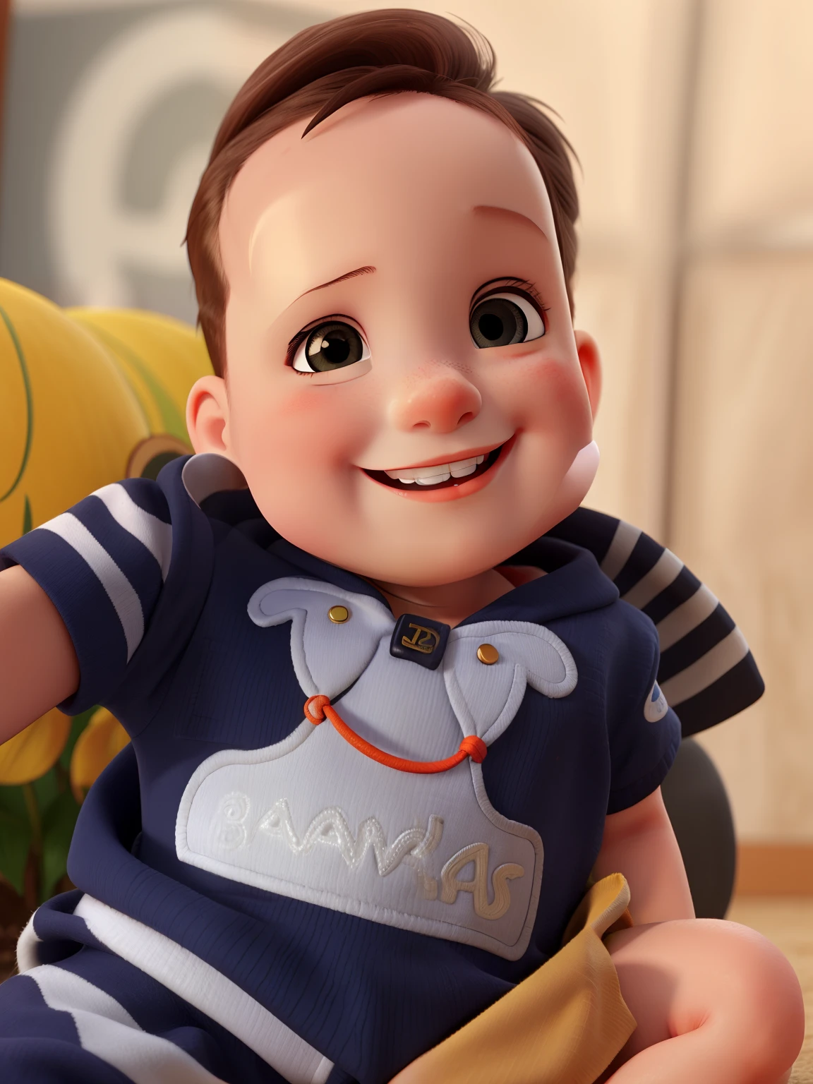 A baby smiling, olhos azuis.