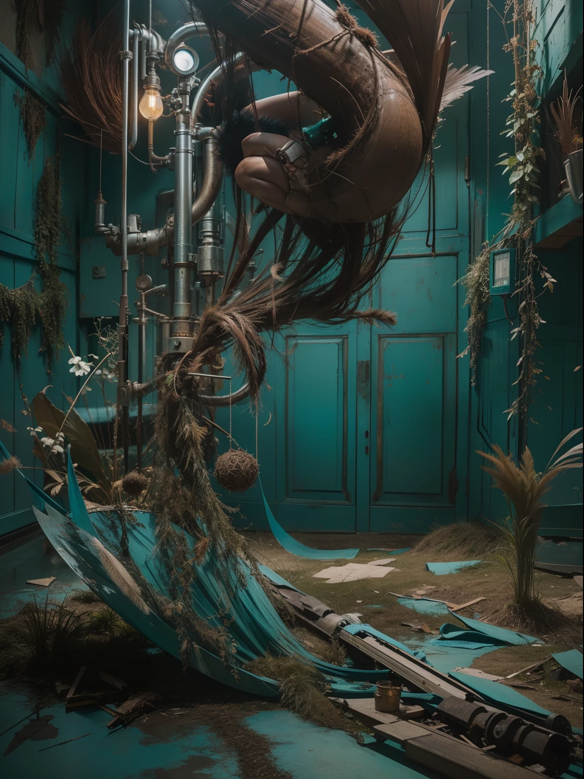 a heavily distorted, dim bounced light barren void, multiple object s comprised of contorted feathers/machinery/pipes/rusted components is floating in the air, desaturated teal colored metal paneling, dead dried brown grass, amorphous dark material is being warped and torn into remnants, extra detail, 4kHD details, best resolution, surrealistic composition, extreme view angle, motion blur, depth of field, foreshortening, tilted view angle, cinematic lighting, movie scene, precise details, intense details, panoramic image, image within image
