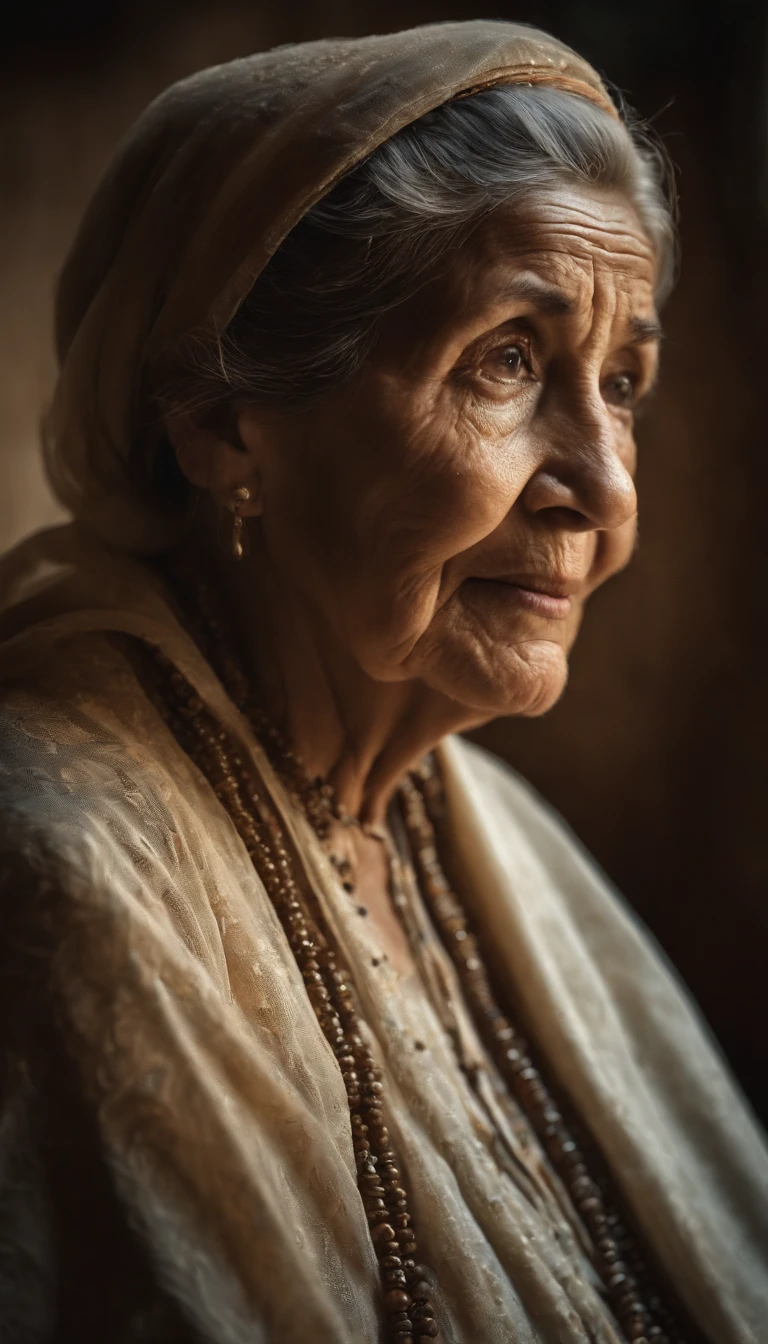 Intricate half body portrait of a very old Caucasian woman with wrinkles, illuminated by warm litted candles, with a backdrop of eerie dungeion . stunning interpretive visual, maximalist scarf and veil. f1.0lens, tilt-shift, shalllow DOF. dramatic lighting. chiaroscuro,