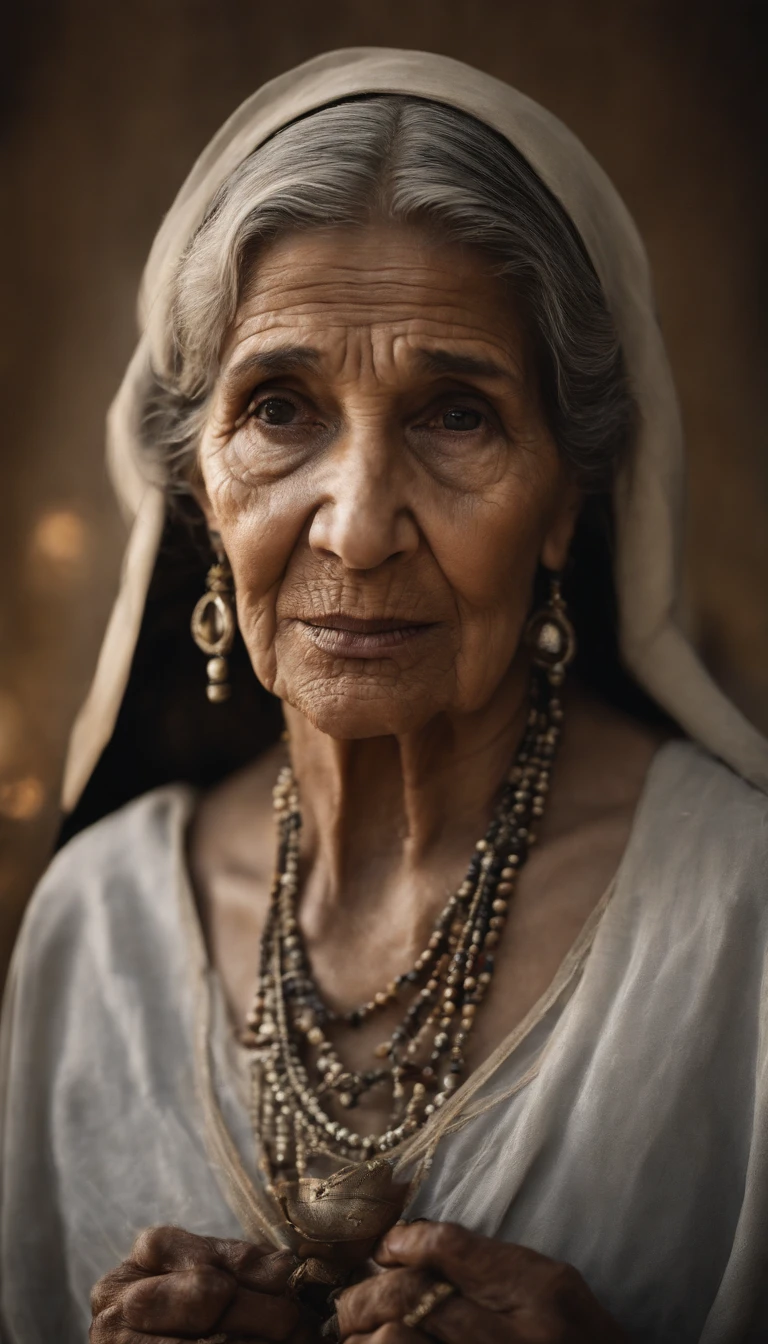 Intricate half body portrait of a very old Caucasian woman with wrinkles, illuminated by warm litted candles, with a backdrop of eerie dungeion . stunning interpretive visual, maximalist scarf and veil. f1.0lens, tilt-shift, shalllow DOF. dramatic lighting. chiaroscuro,