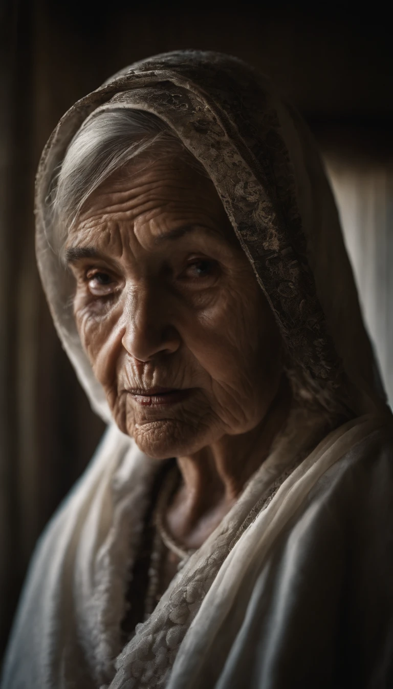 Intricate half body portrait of a very old Caucasian woman with wrinkles, illuminated by warm litted candles, with a backdrop of eerie dungeion . stunning interpretive visual, maximalist scarf and veil. f1.0lens, tilt-shift, shalllow DOF. dramatic lighting. chiaroscuro,